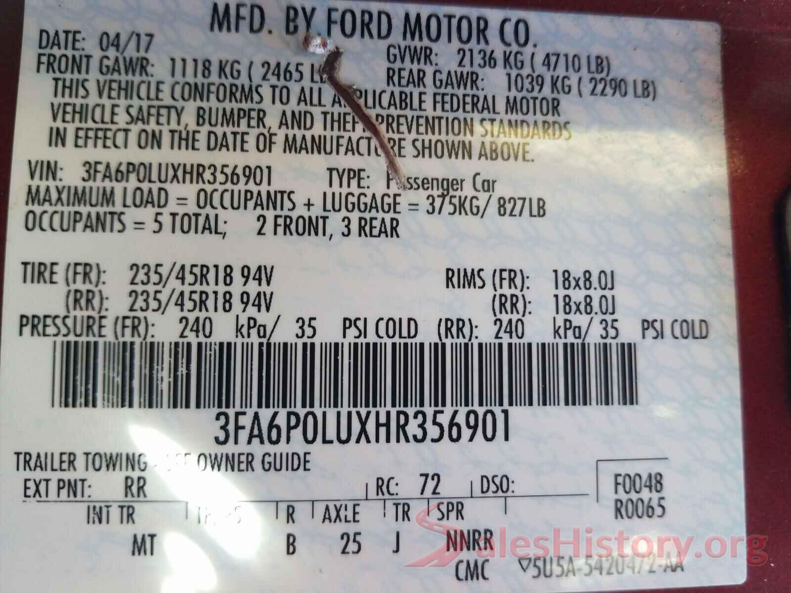 3FA6P0LUXHR356901 2017 FORD FUSION