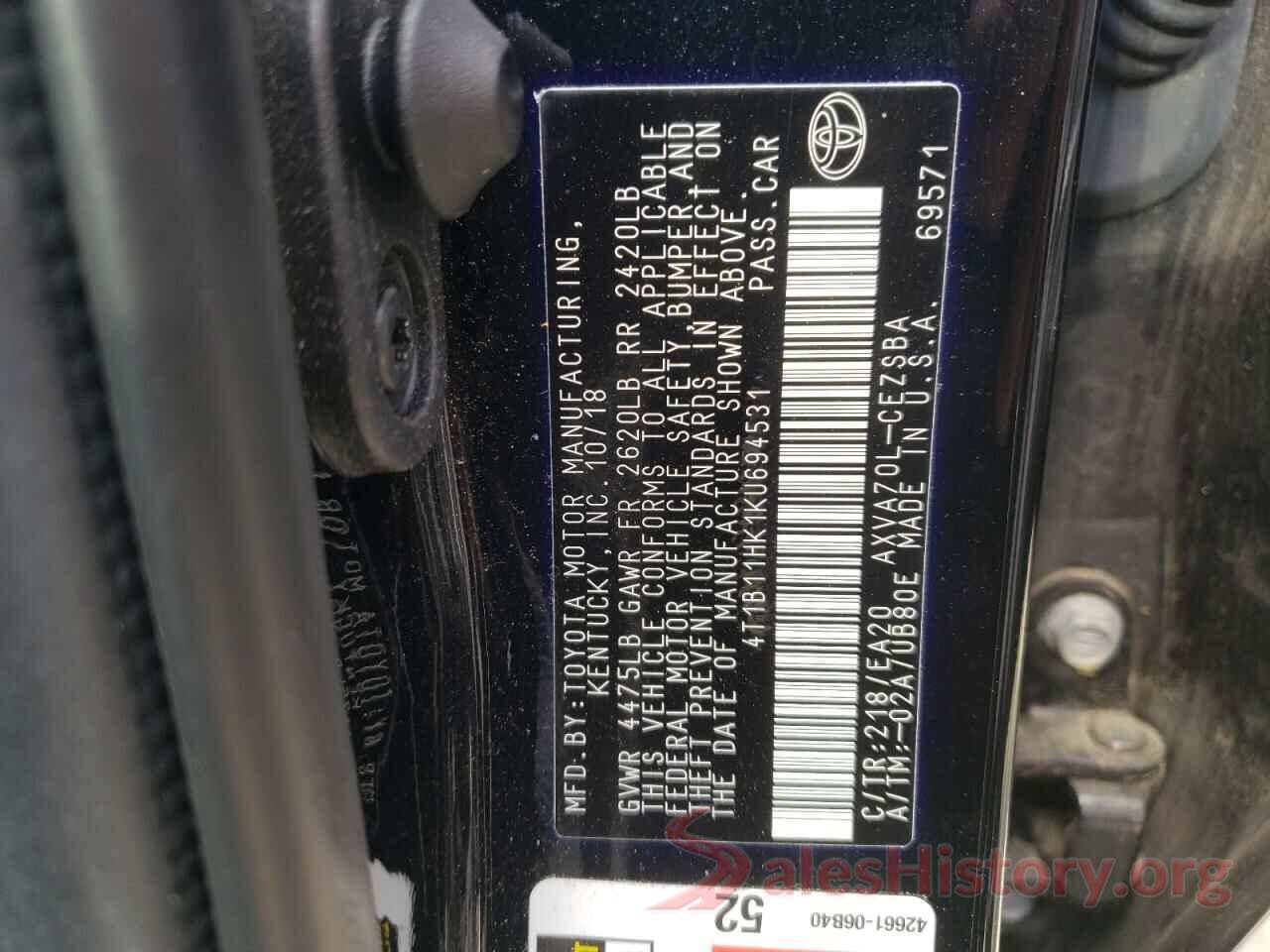 4T1B11HK1KU694531 2019 TOYOTA CAMRY