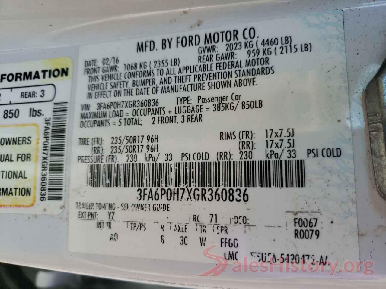 3FA6P0H7XGR360836 2016 FORD FUSION