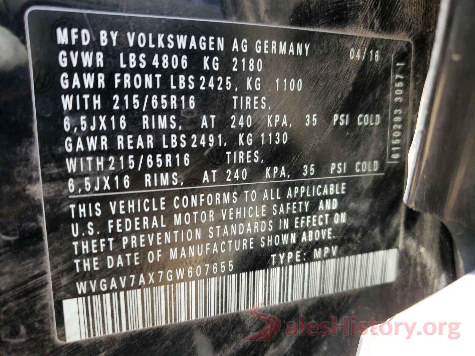 WVGAV7AX7GW607655 2016 VOLKSWAGEN TIGUAN