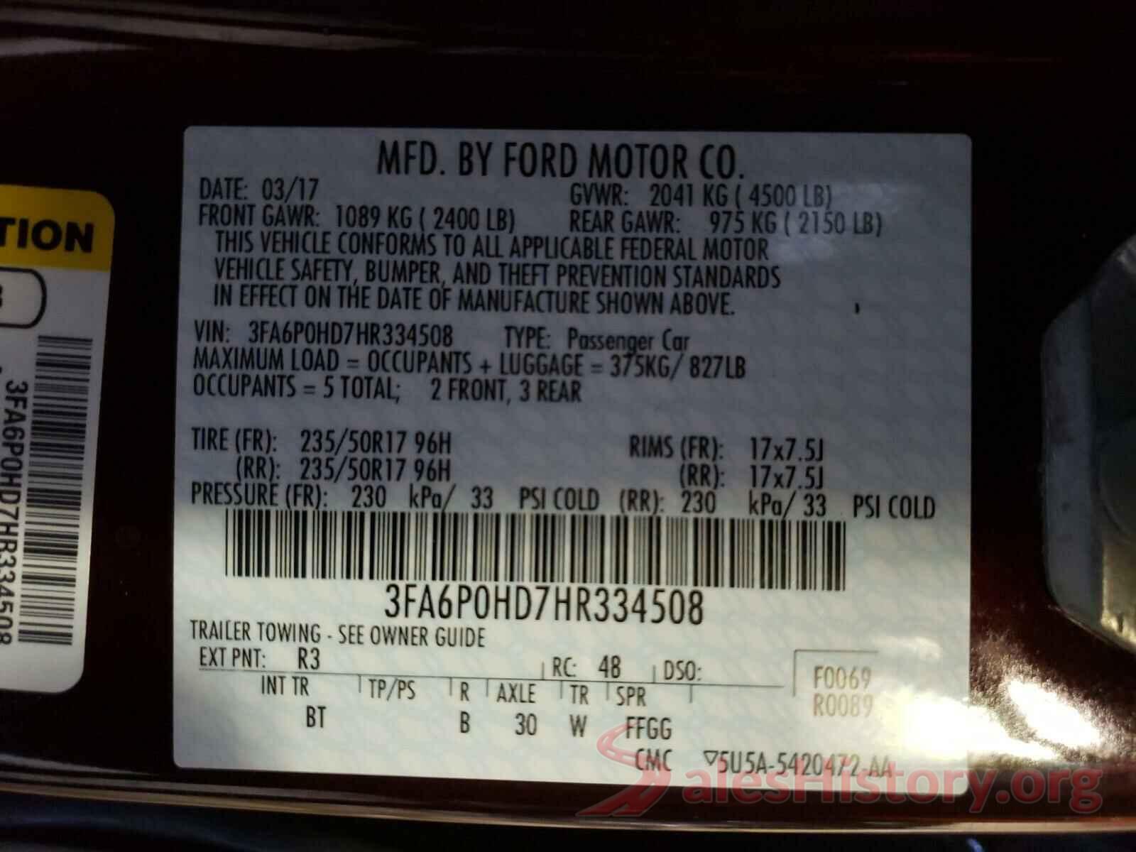 3FA6P0HD7HR334508 2017 FORD FUSION