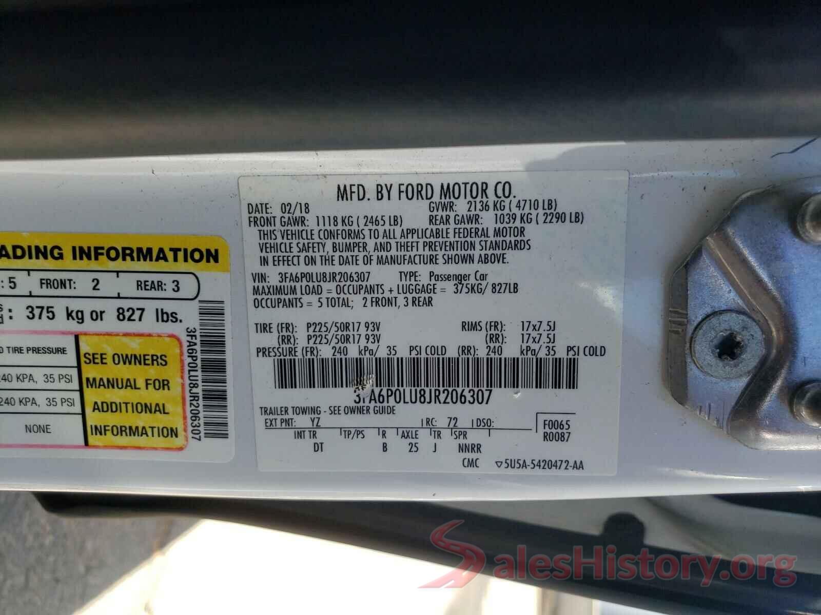 3FA6P0LU8JR206307 2018 FORD FUSION