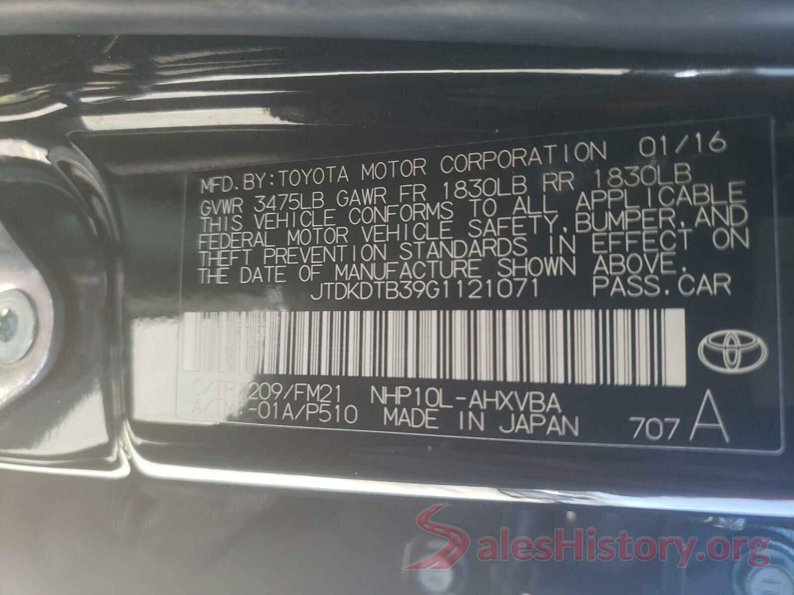 JTDKDTB39G1121071 2016 TOYOTA PRIUS