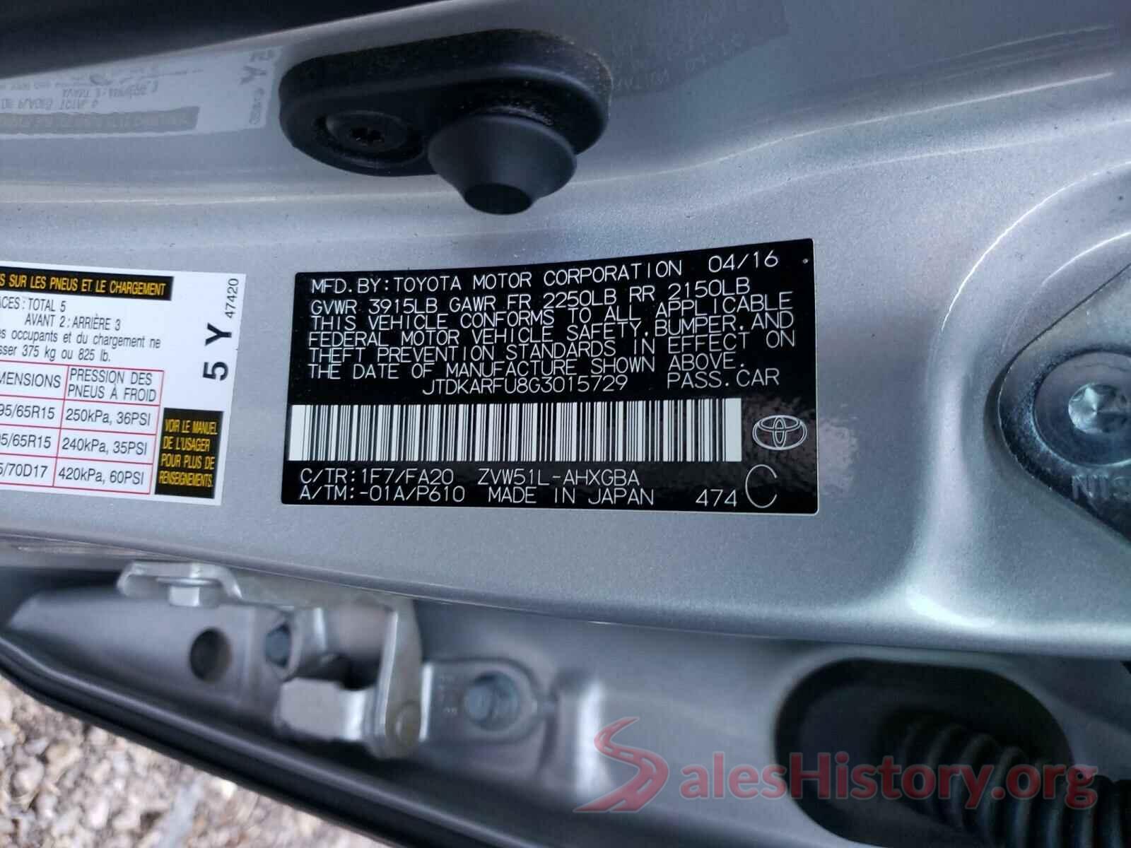 JTDKARFU8G3015729 2016 TOYOTA PRIUS