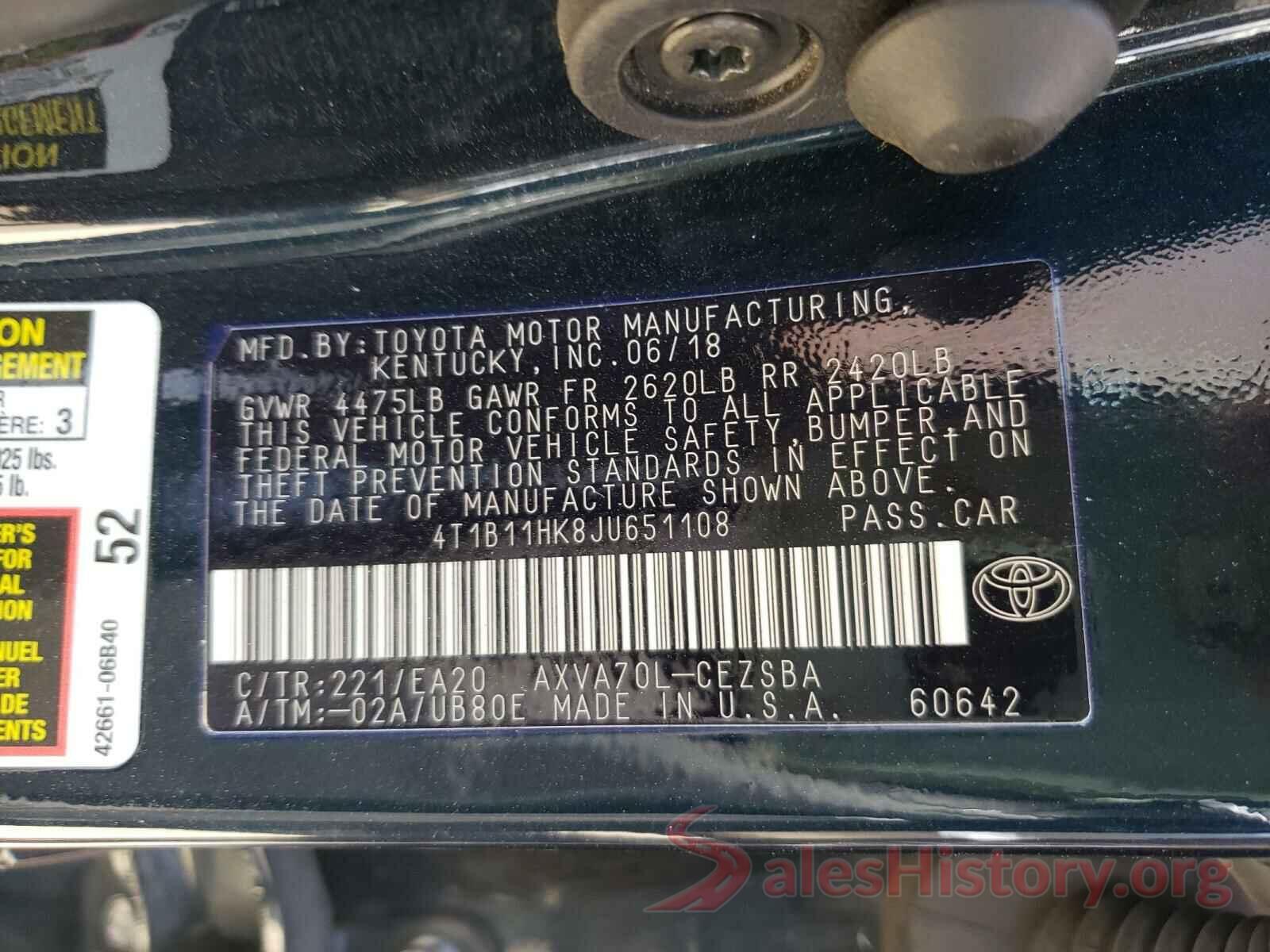 4T1B11HK8JU651108 2018 TOYOTA CAMRY