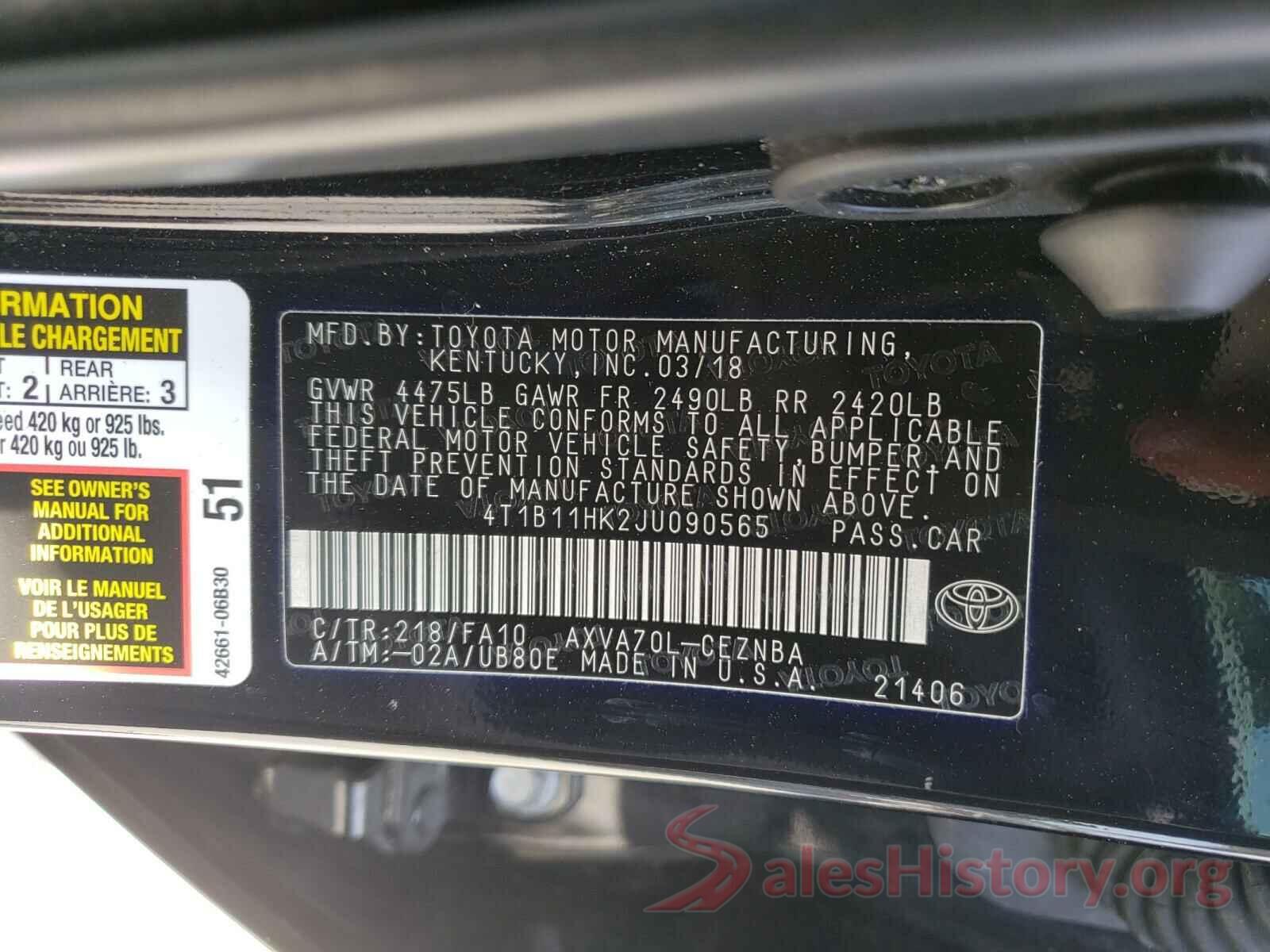 4T1B11HK2JU090565 2018 TOYOTA CAMRY