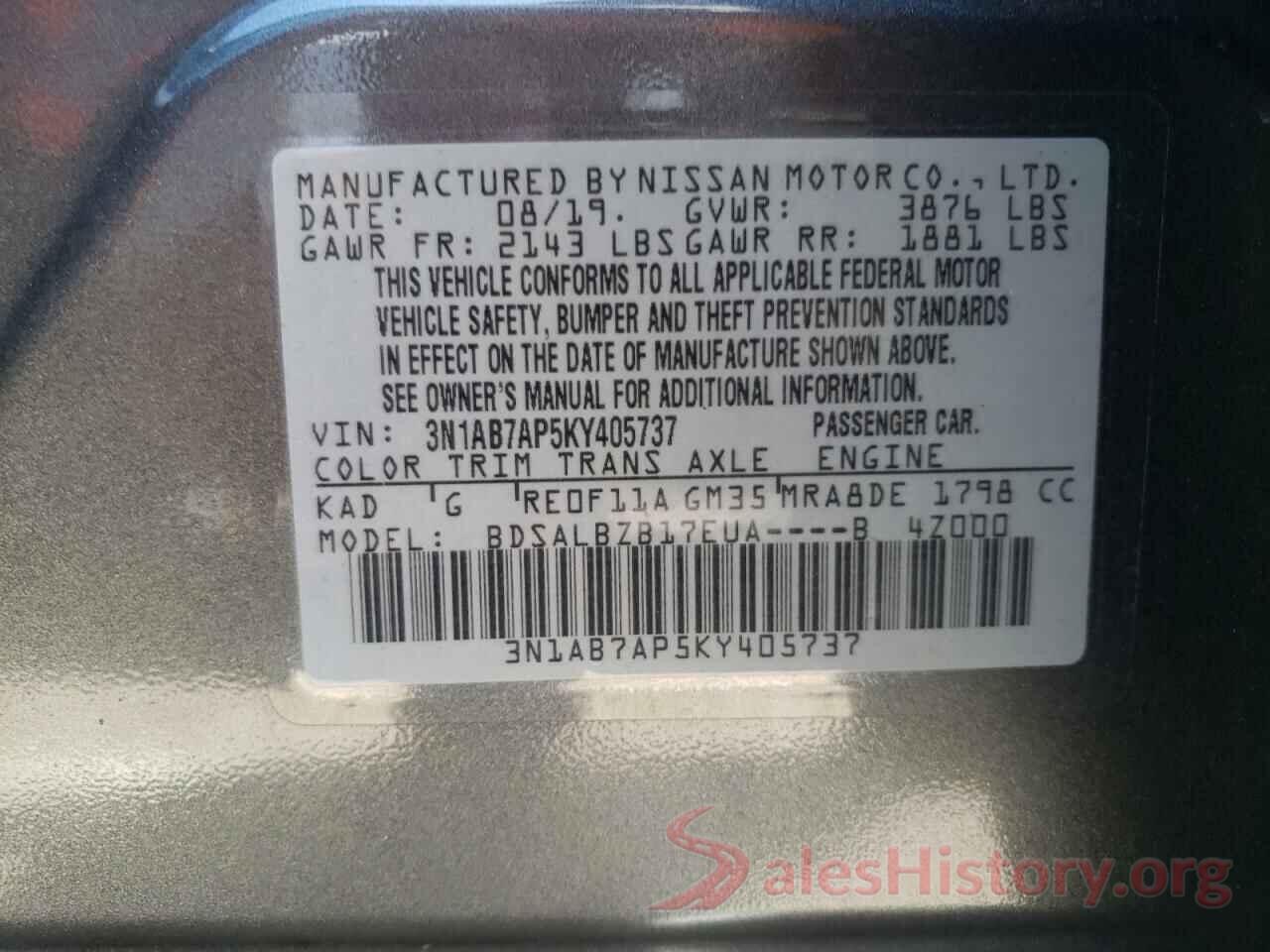 3N1AB7AP5KY405737 2019 NISSAN SENTRA