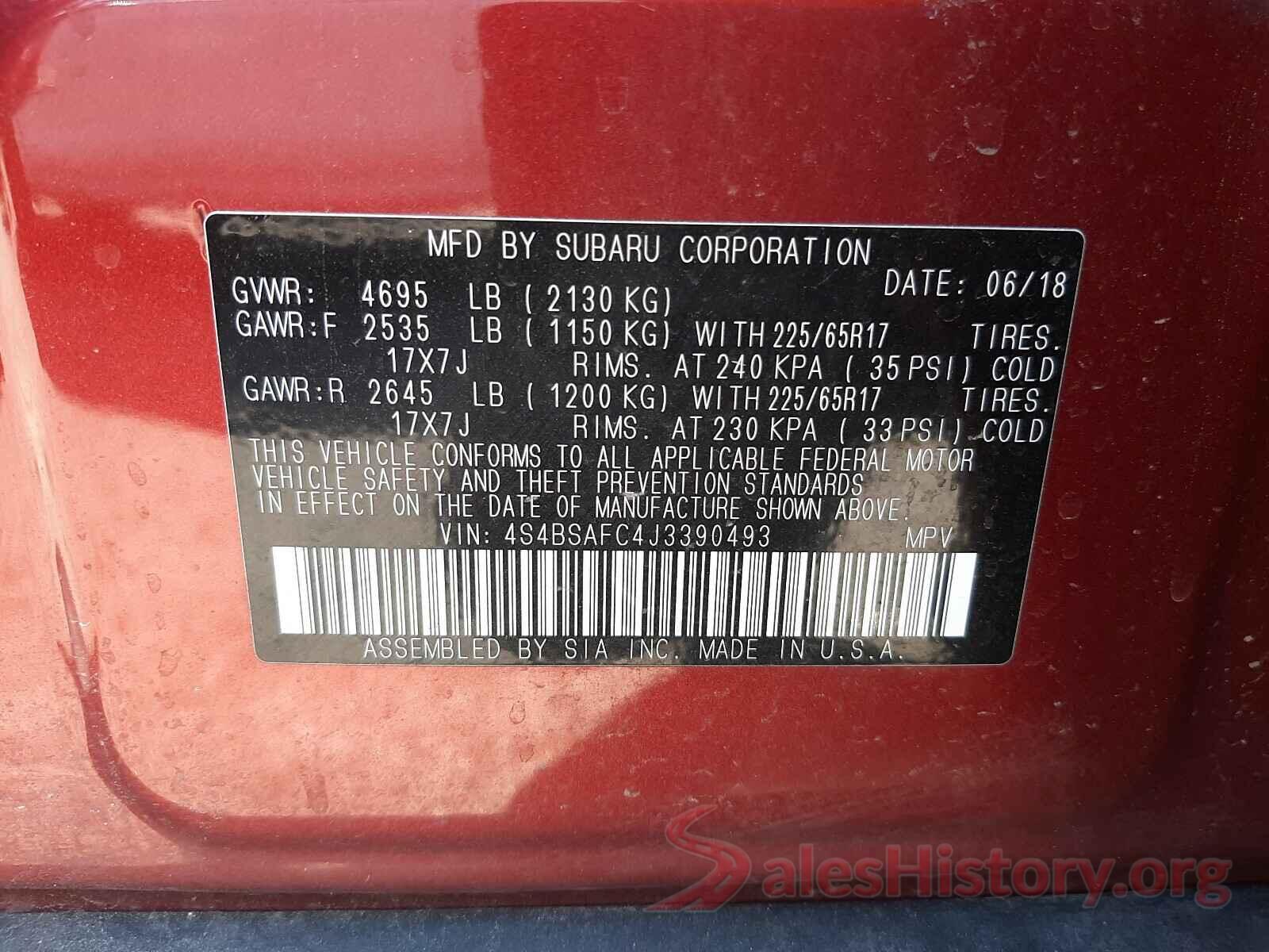 4S4BSAFC4J3390493 2018 SUBARU OUTBACK