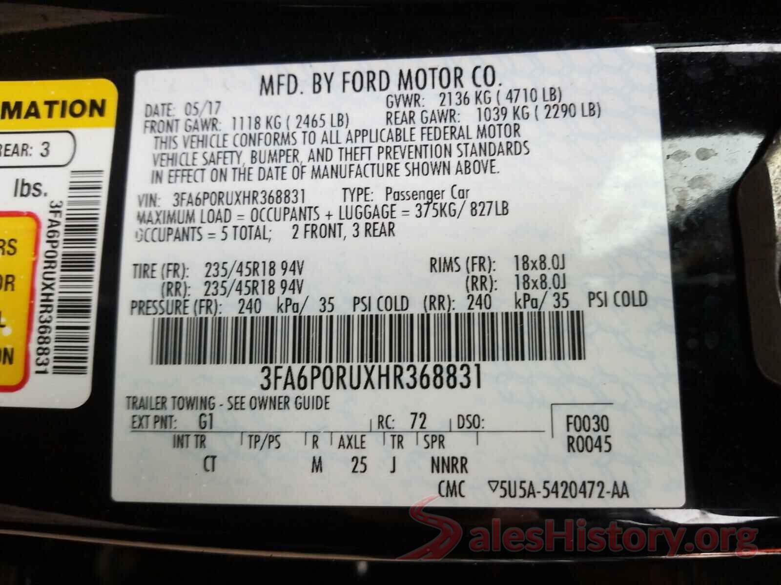 3FA6P0RUXHR368831 2017 FORD FUSION