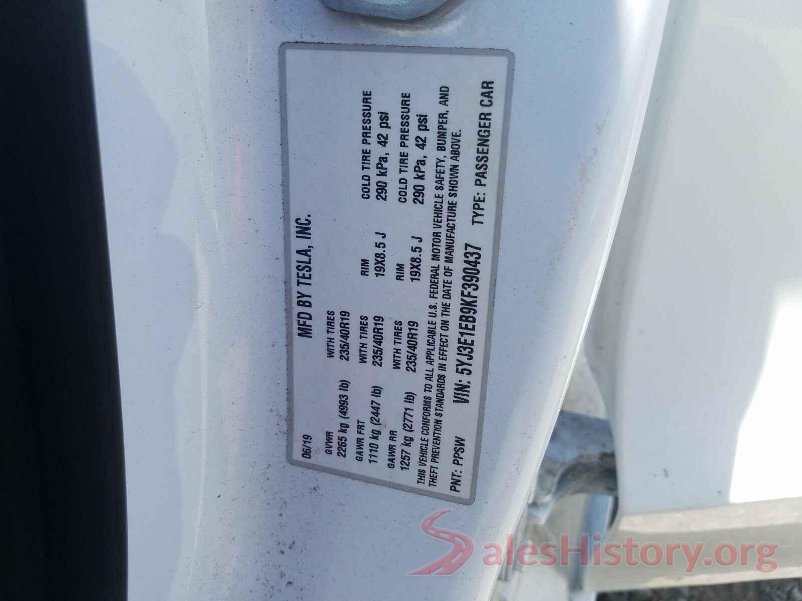 5YJ3E1EB9KF390437 2019 TESLA MODEL 3