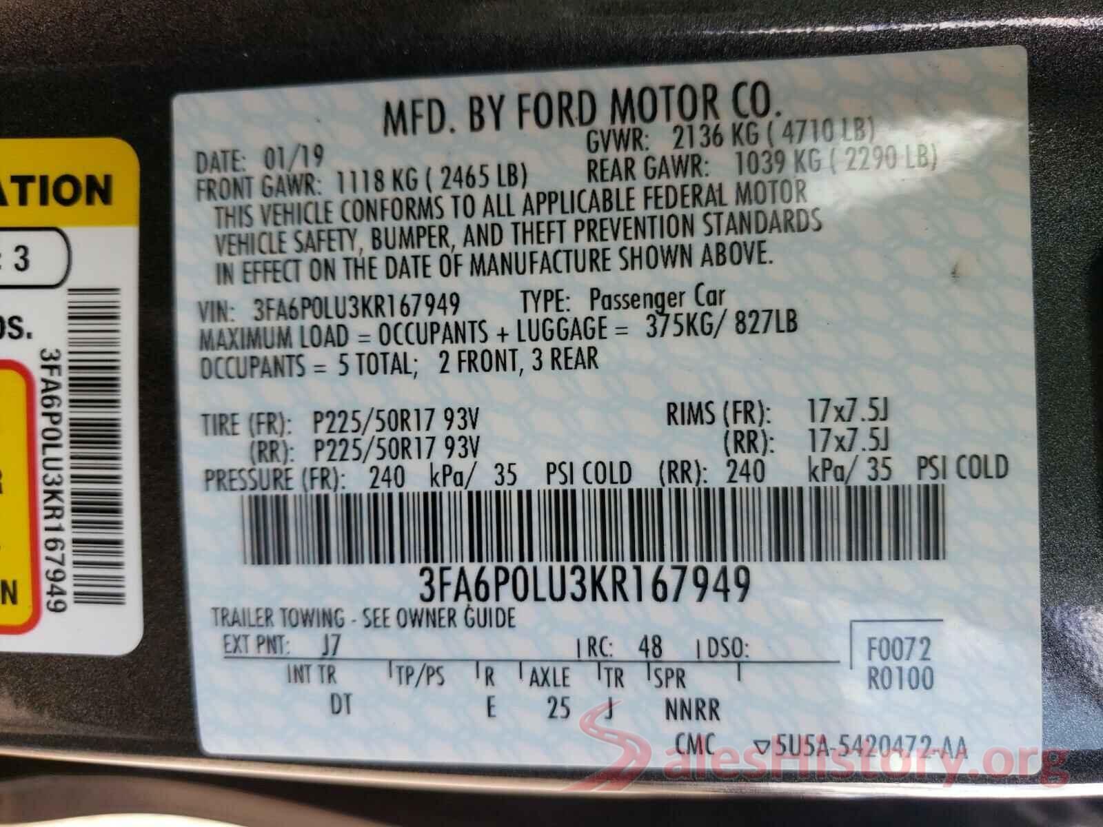 3FA6P0LU3KR167949 2019 FORD FUSION