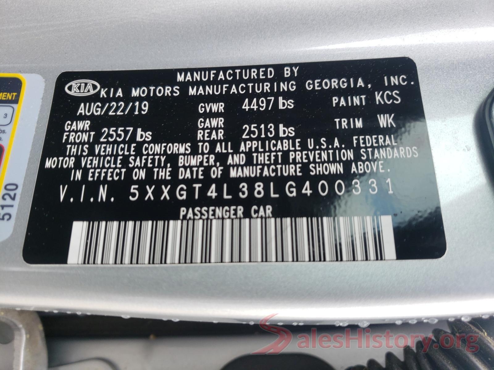 5XXGT4L38LG400331 2020 KIA OPTIMA