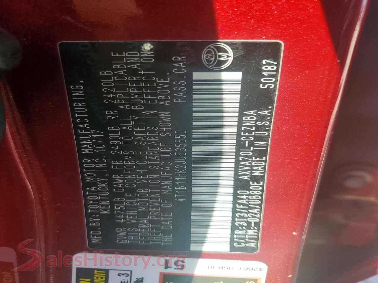 2018 TOYOTA CAMRY VIN 4T1B11HK2JU535550, wheel and tire