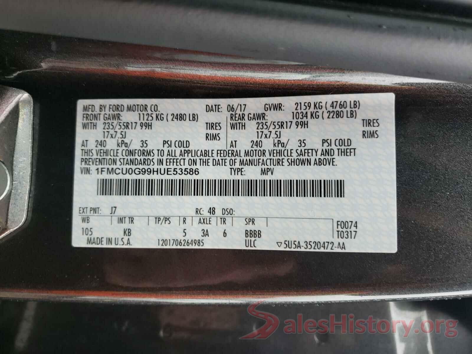 1FMCU0G99HUE53586 2017 FORD ESCAPE