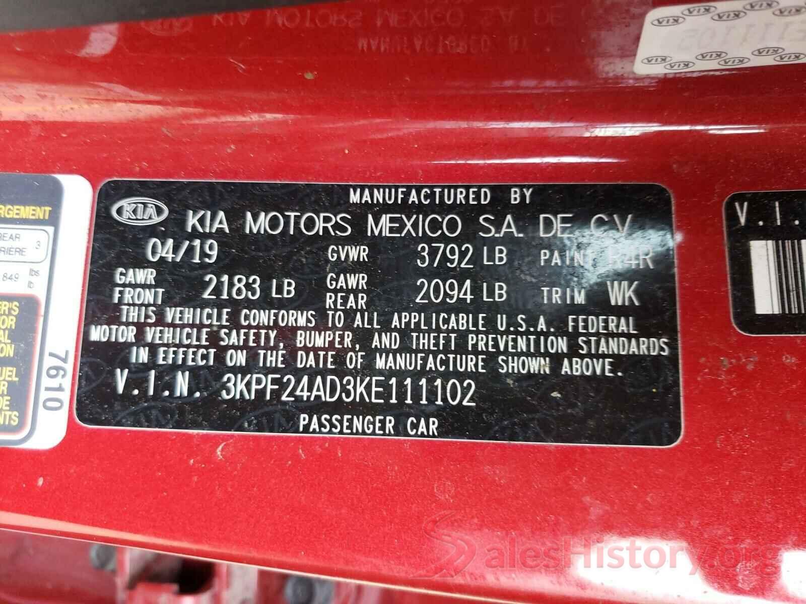 3KPF24AD3KE111102 2019 KIA FORTE