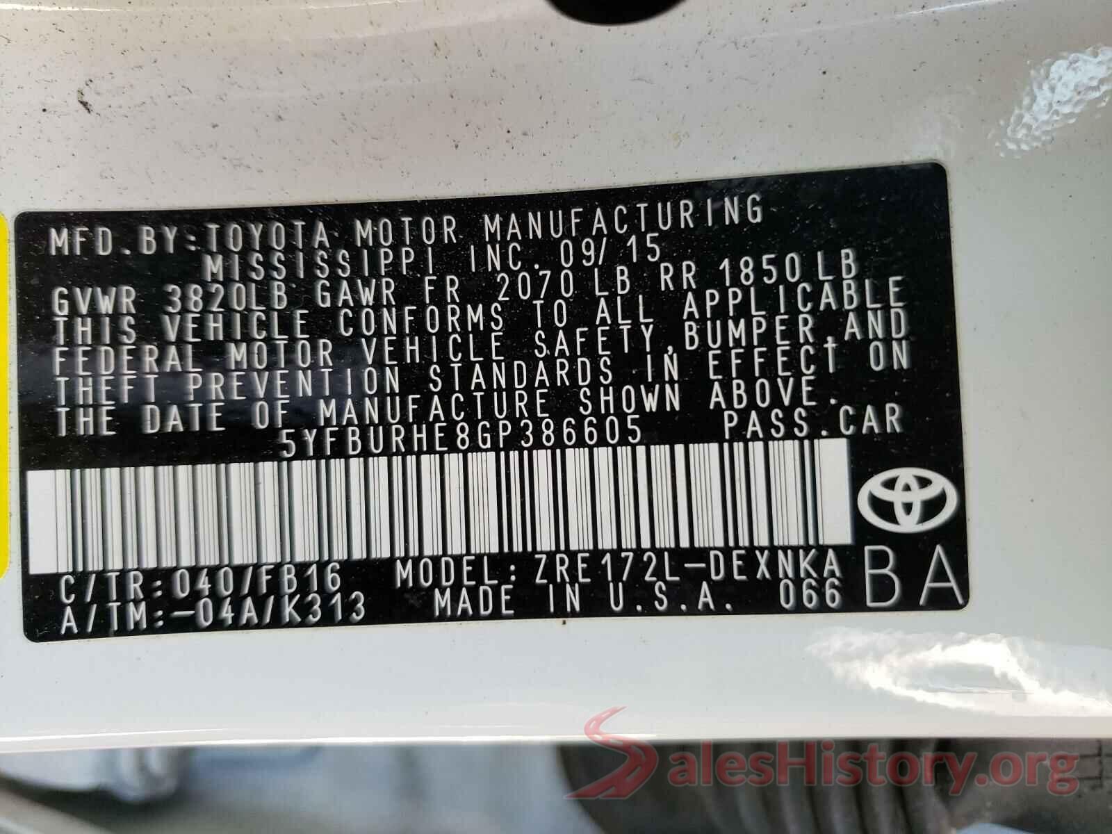 5YFBURHE8GP386605 2016 TOYOTA COROLLA