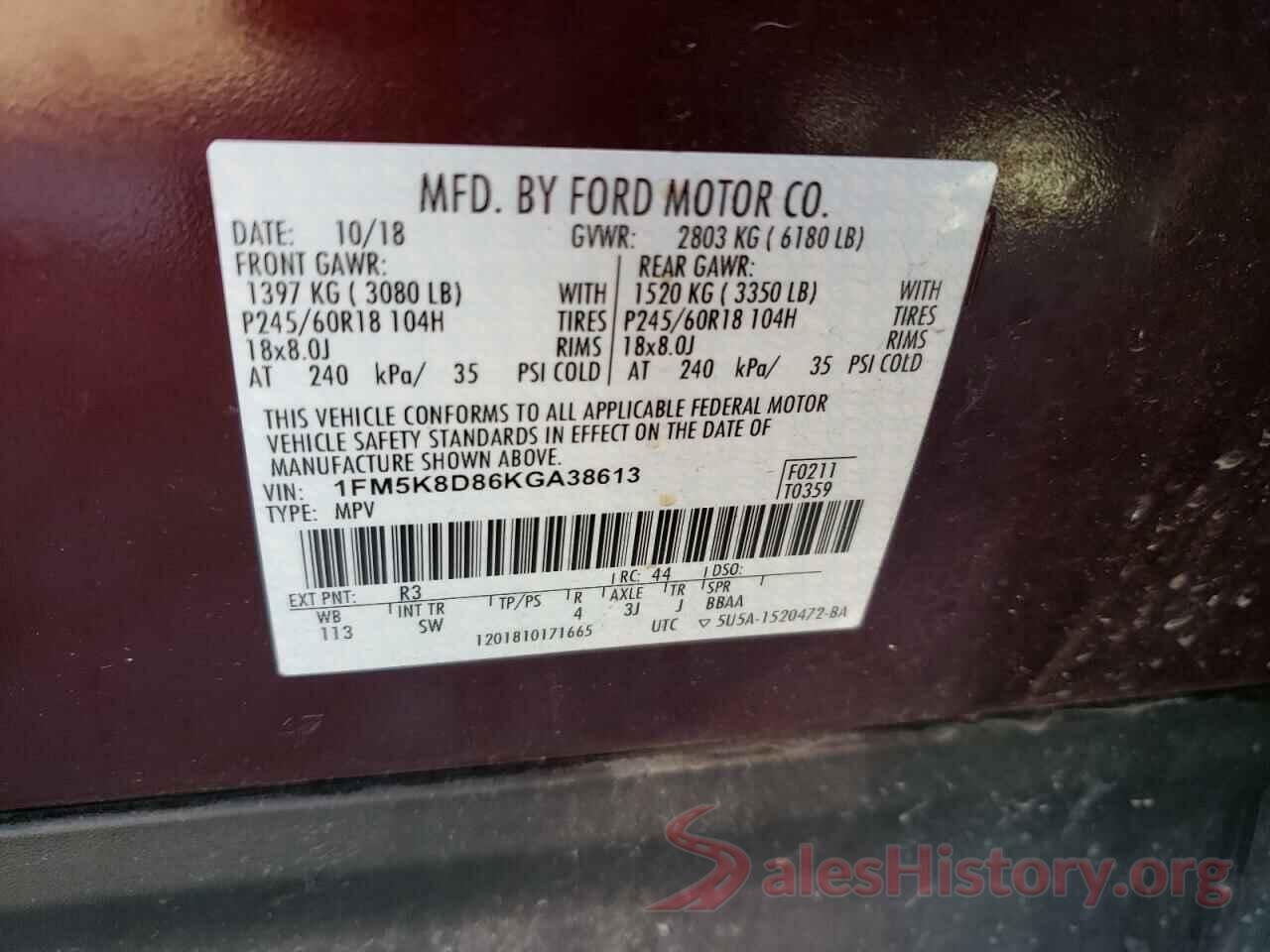 1FM5K8D86KGA38613 2019 FORD EXPLORER