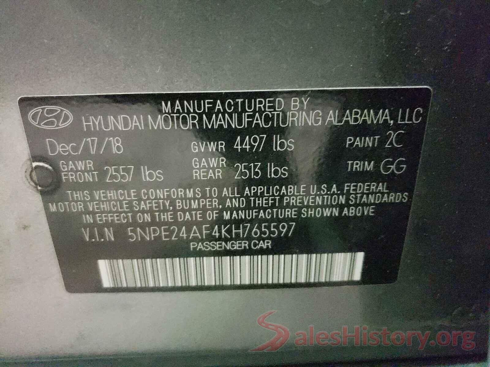 5NPE24AF4KH765597 2019 HYUNDAI SONATA