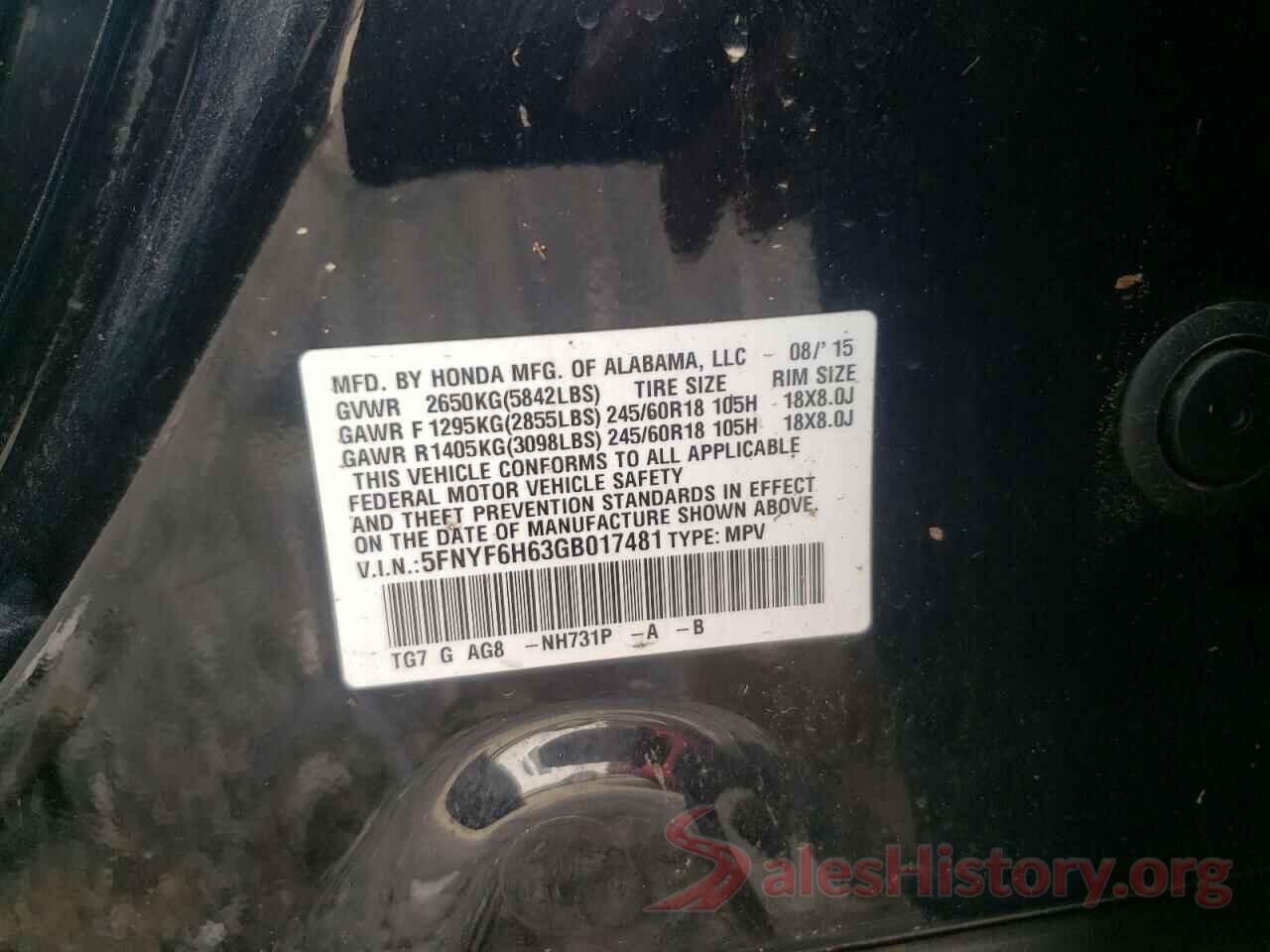 5FNYF6H63GB017481 2016 HONDA PILOT