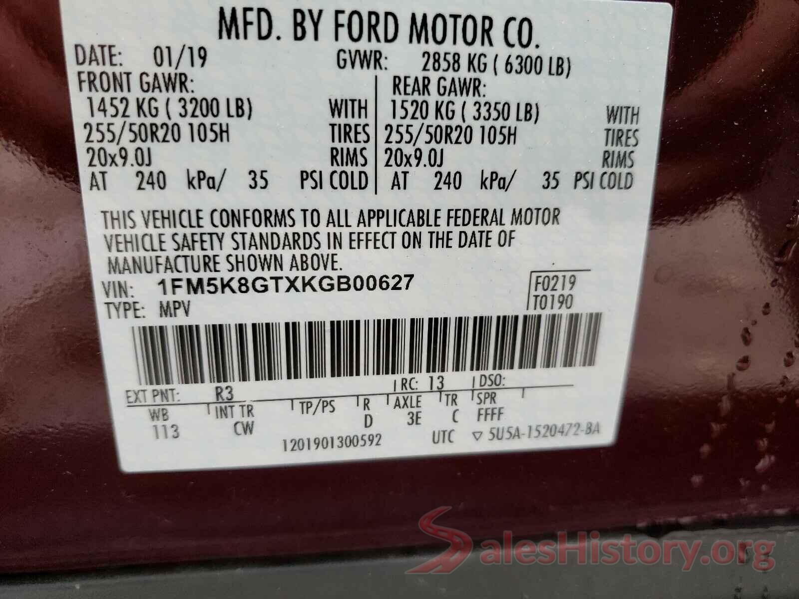 1FM5K8GTXKGB00627 2019 FORD EXPLORER