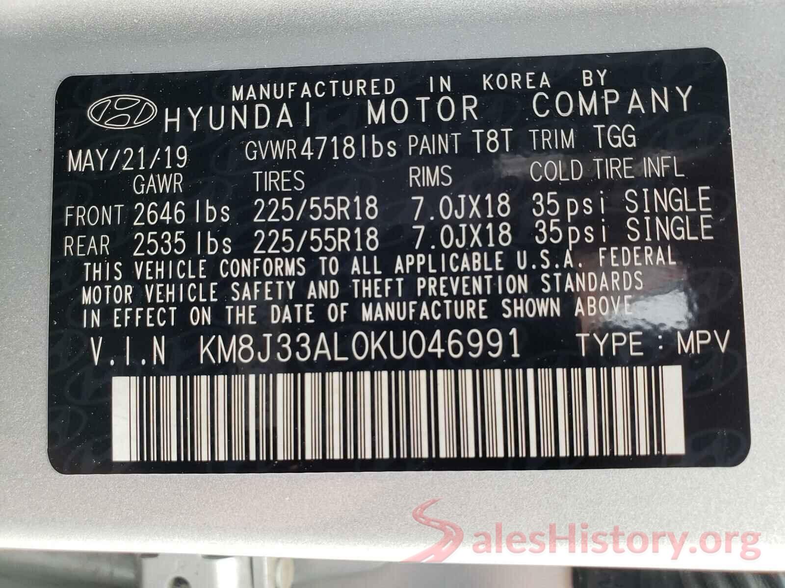 KM8J33AL0KU046991 2019 HYUNDAI TUCSON