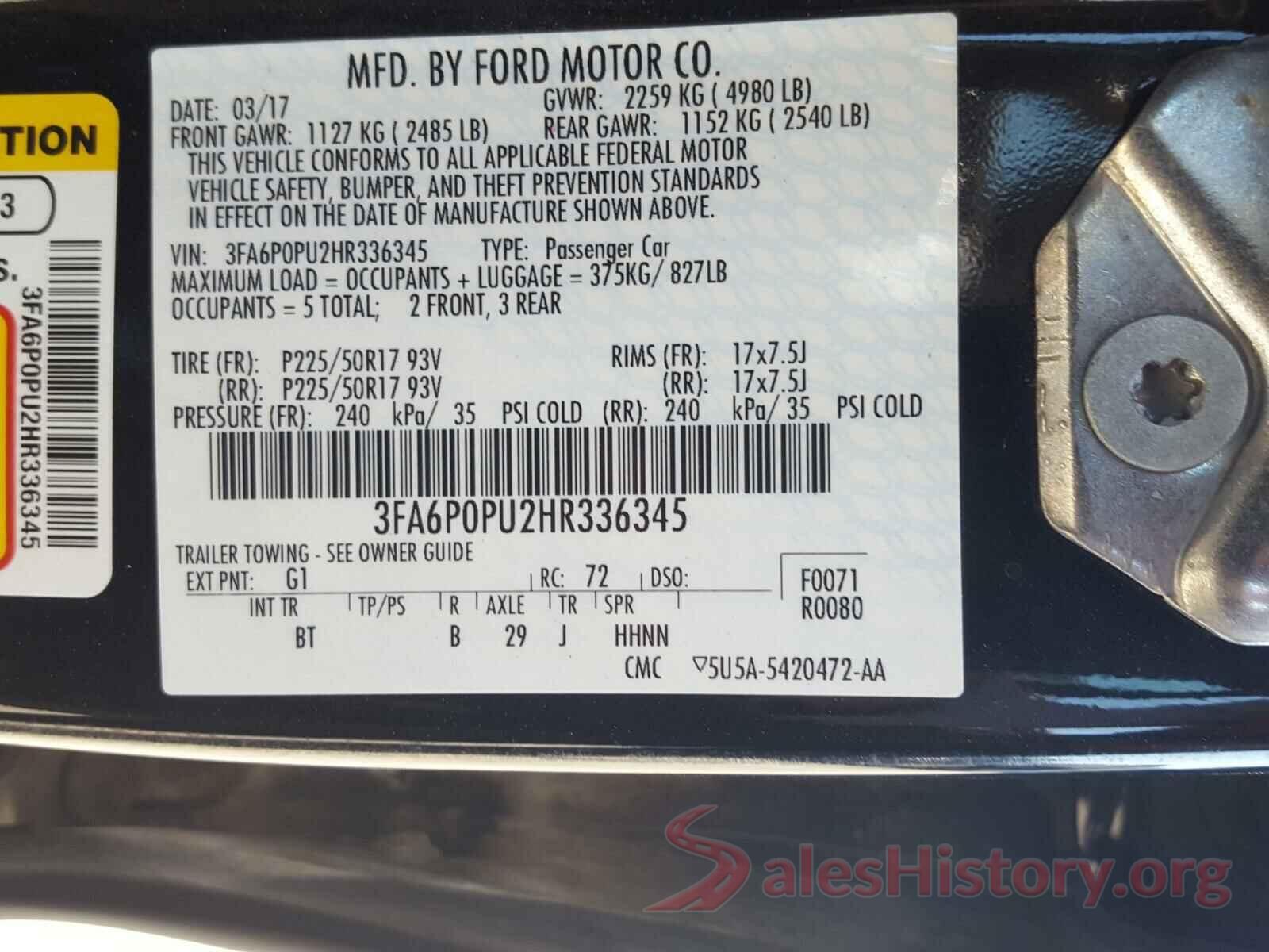 3FA6P0PU2HR336345 2017 FORD FUSION