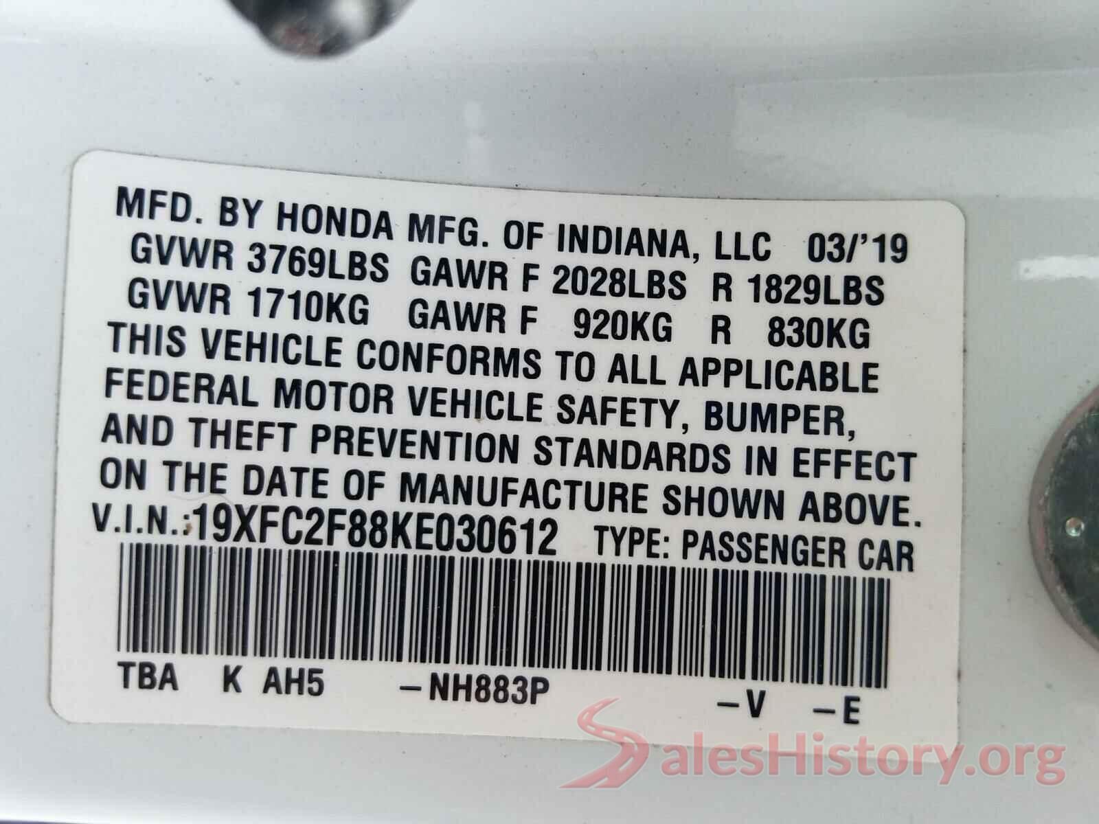 19XFC2F88KE030612 2019 HONDA CIVIC