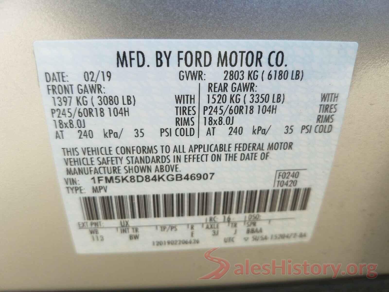 1FM5K8D84KGB46907 2019 FORD EXPLORER