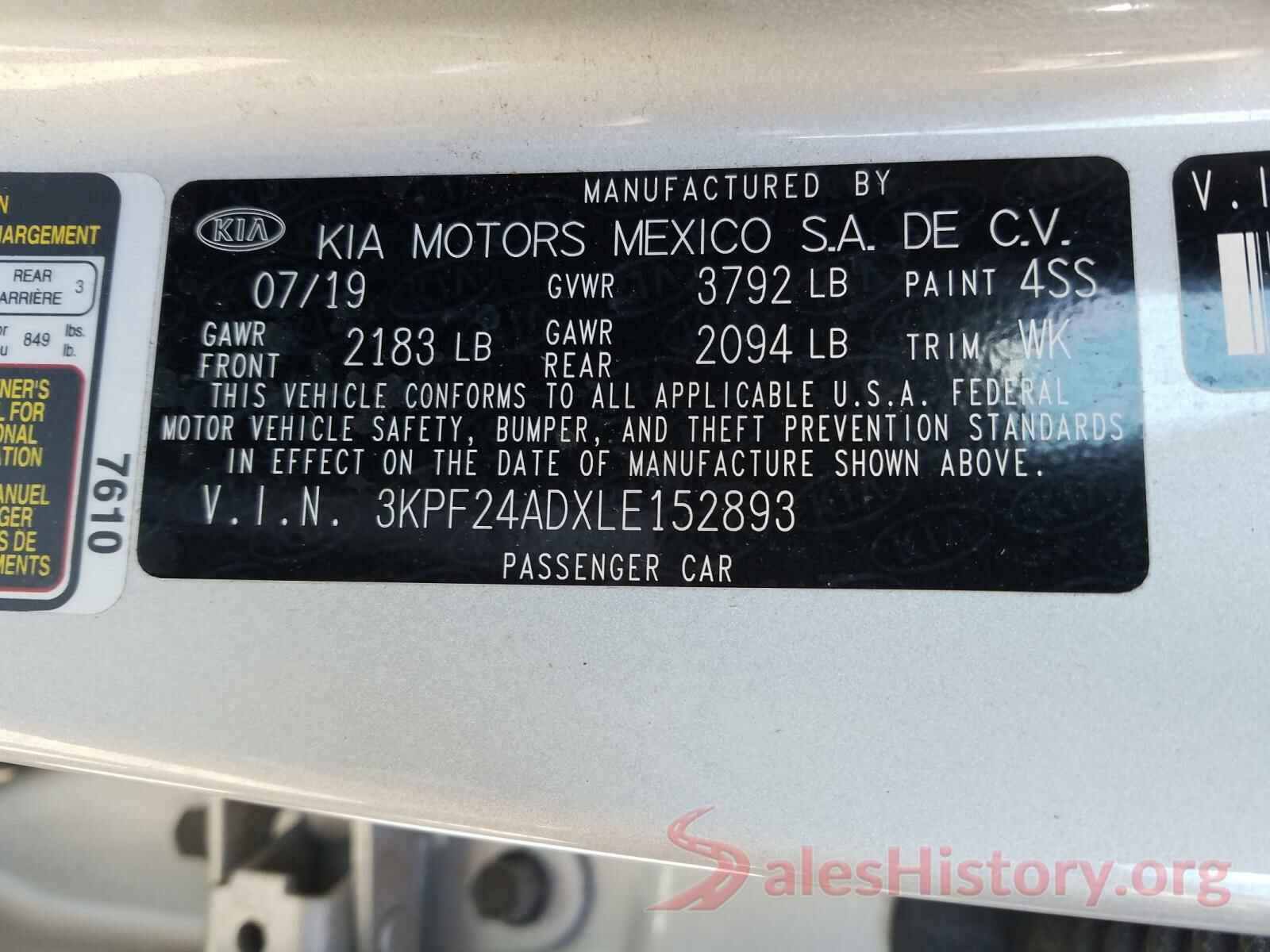 3KPF24ADXLE152893 2020 KIA FORTE