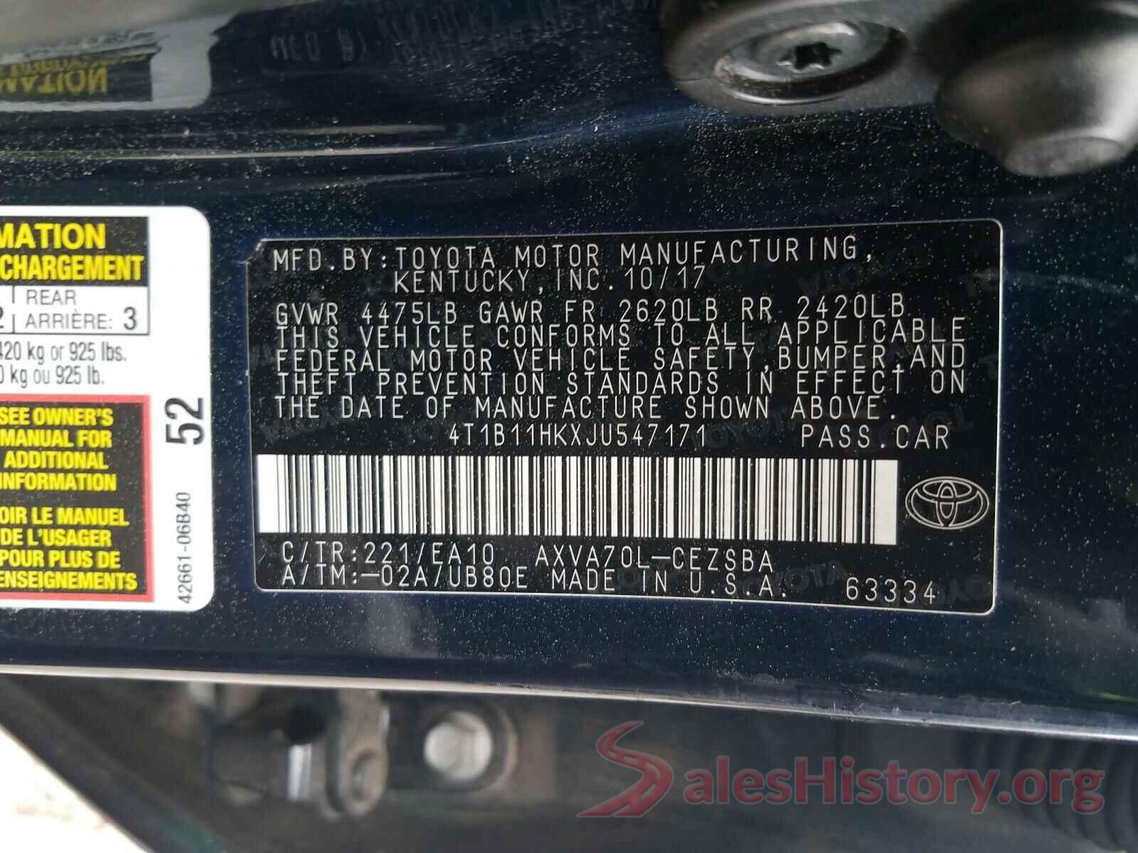 4T1B11HKXJU547171 2018 TOYOTA CAMRY