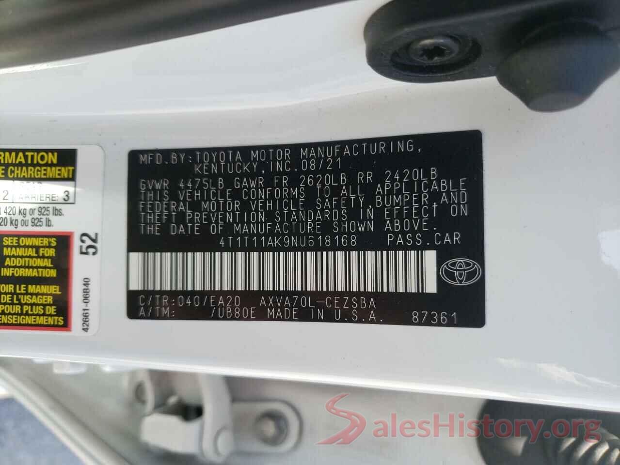 4T1T11AK9NU618168 2022 TOYOTA CAMRY