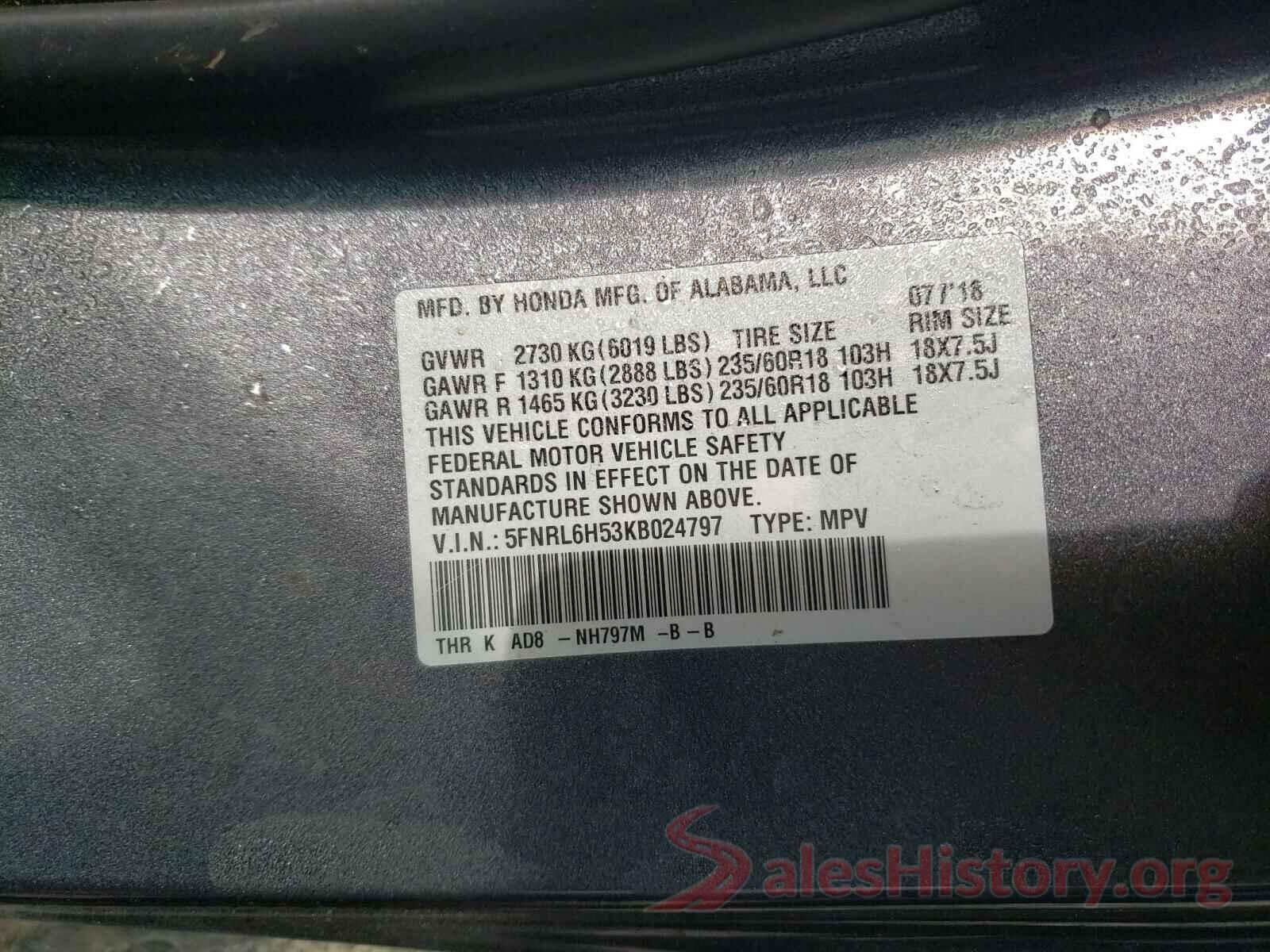 5FNRL6H53KB024797 2019 HONDA ODYSSEY