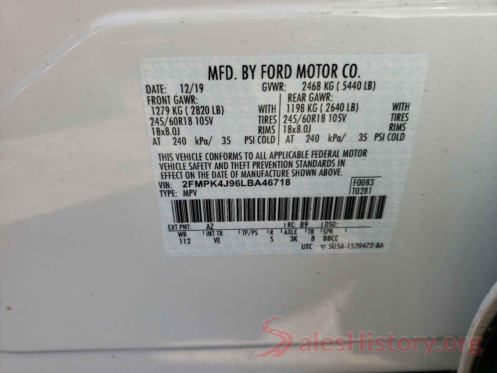 2FMPK4J96LBA46718 2020 FORD EDGE