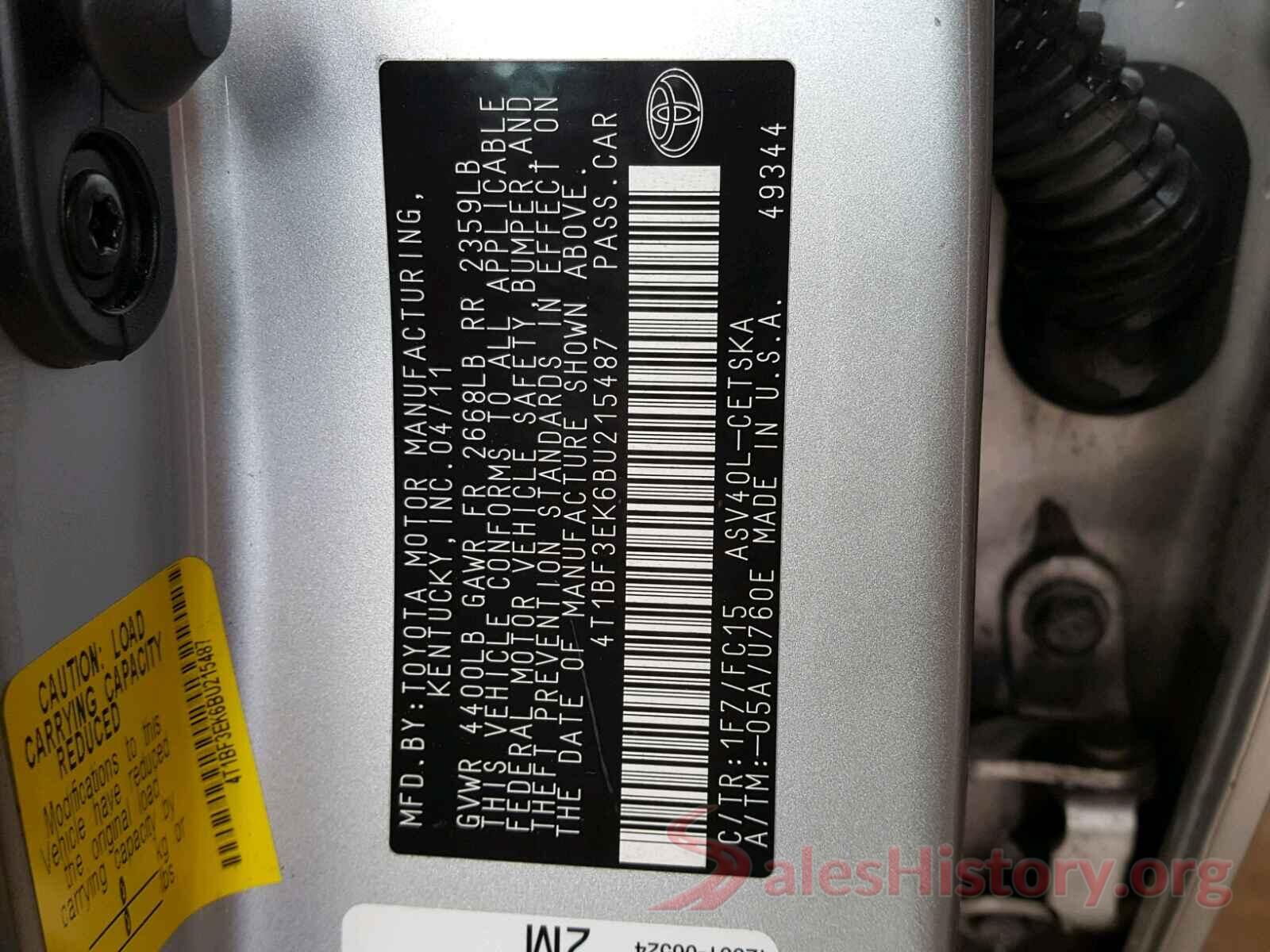 4T1BF3EK6BU215487 2011 TOYOTA CAMRY BASE