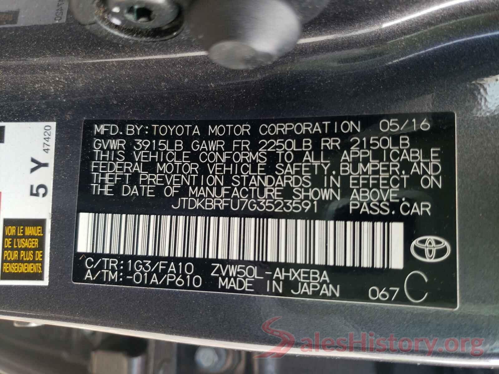 JTDKBRFU7G3523591 2016 TOYOTA PRIUS