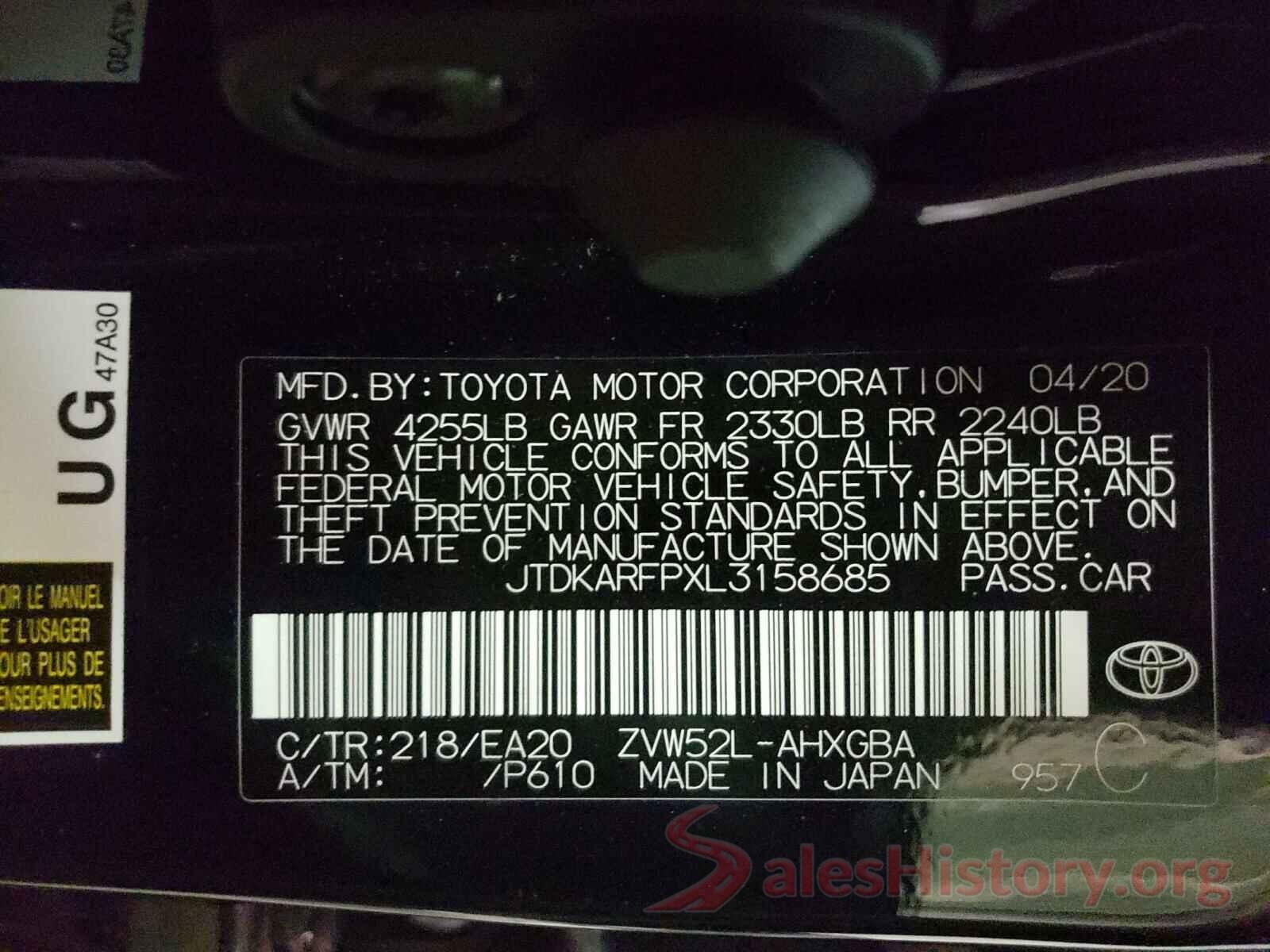 JTDKARFPXL3158685 2020 TOYOTA PRIUS