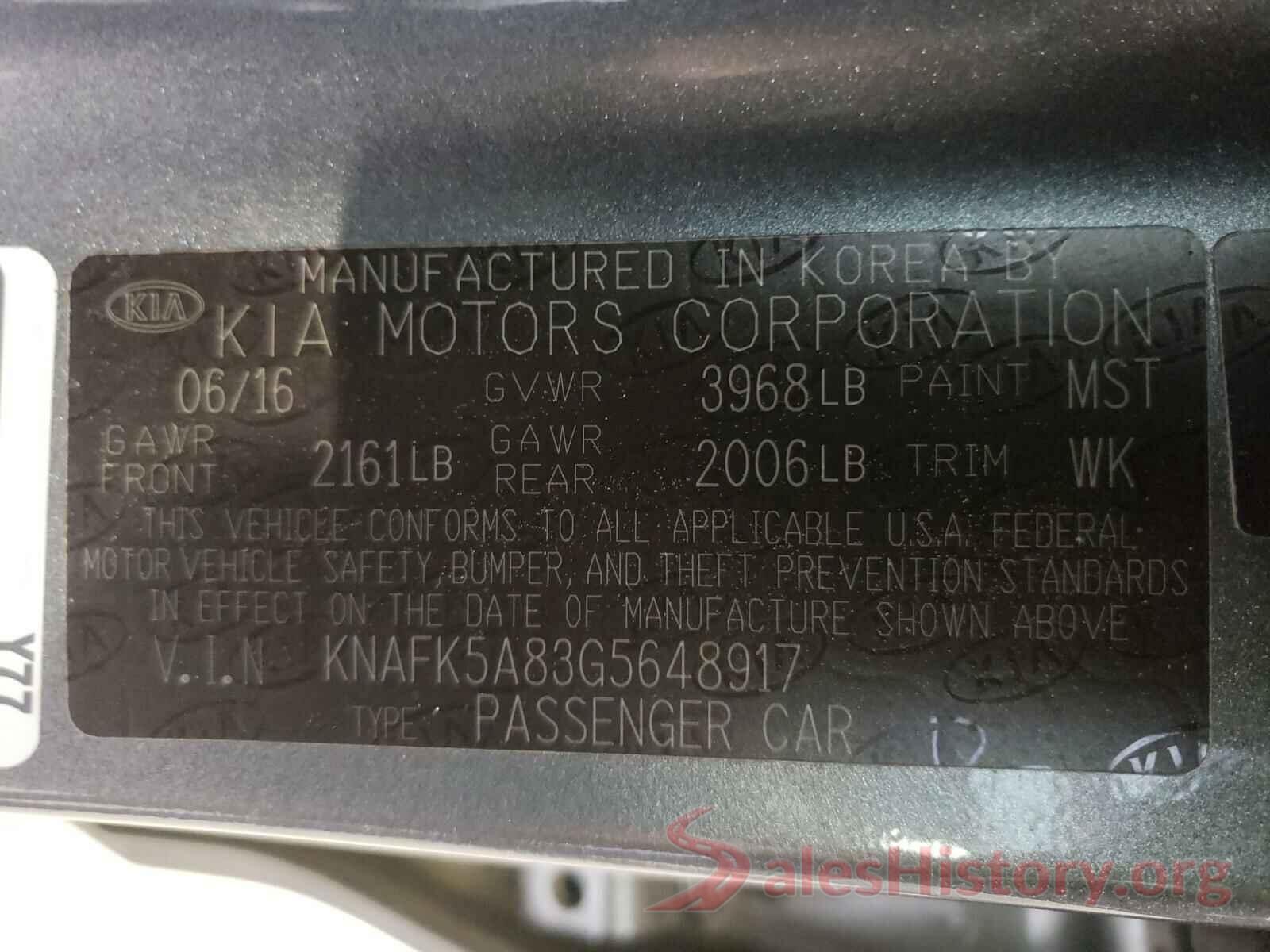 KNAFK5A83G5648917 2016 KIA FORTE