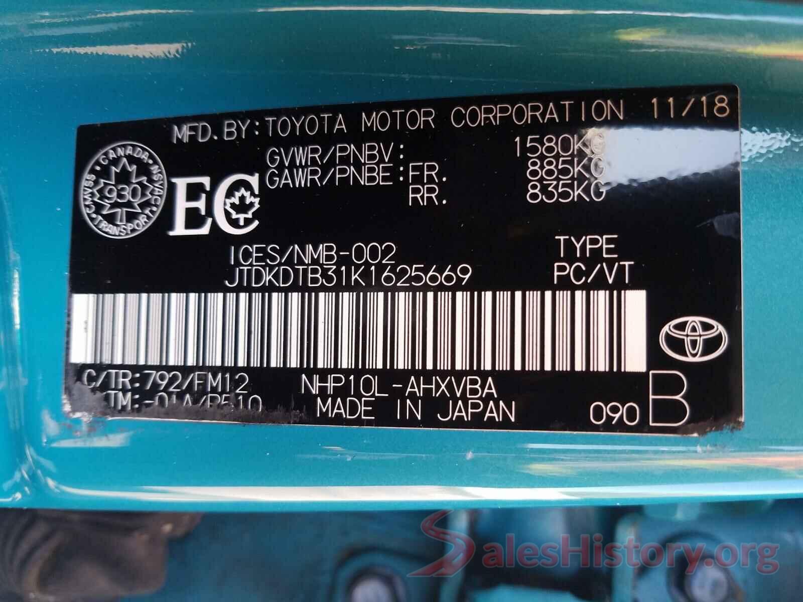 JTDKDTB31K1625669 2019 TOYOTA PRIUS