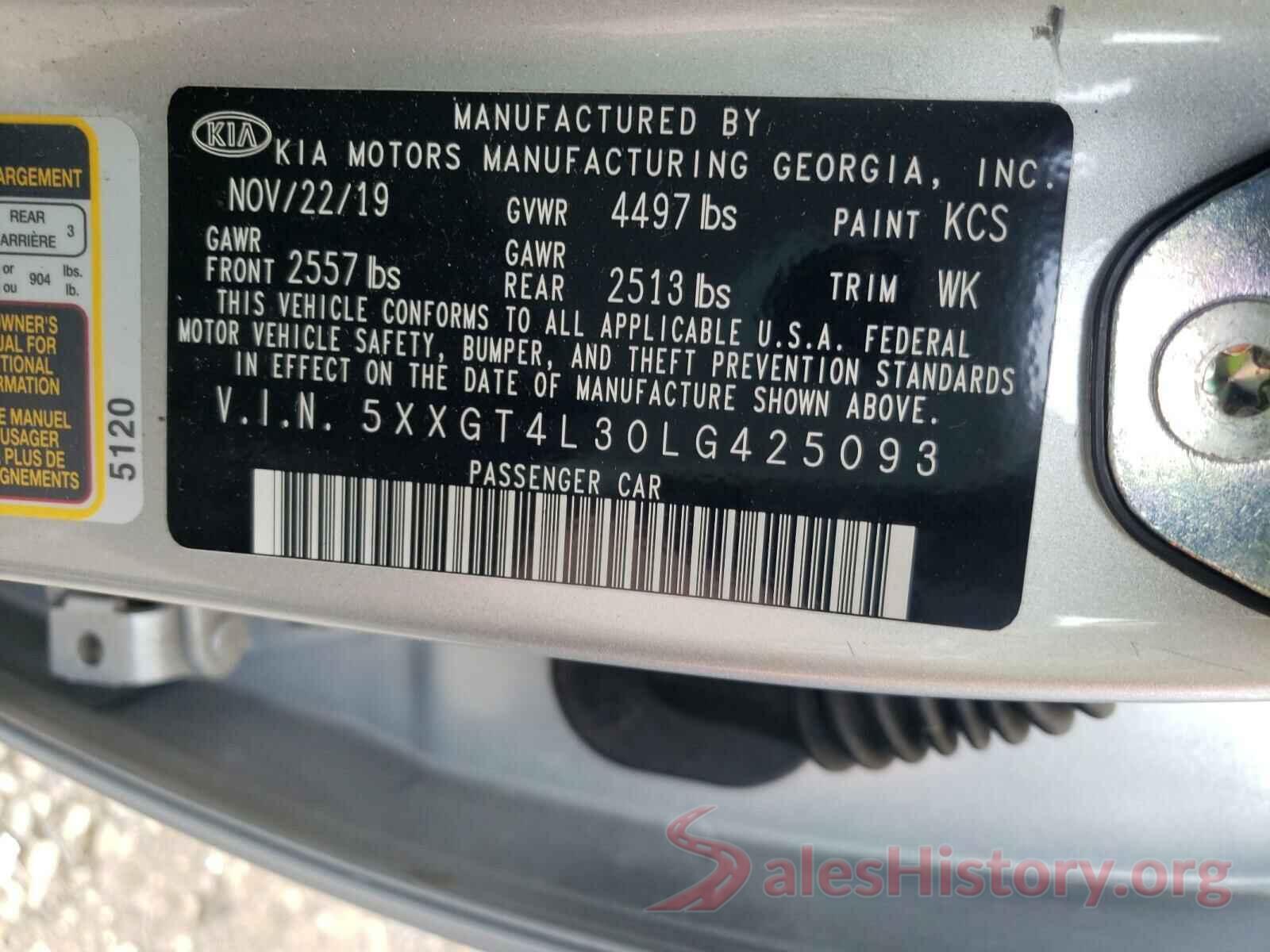 5XXGT4L30LG425093 2020 KIA OPTIMA