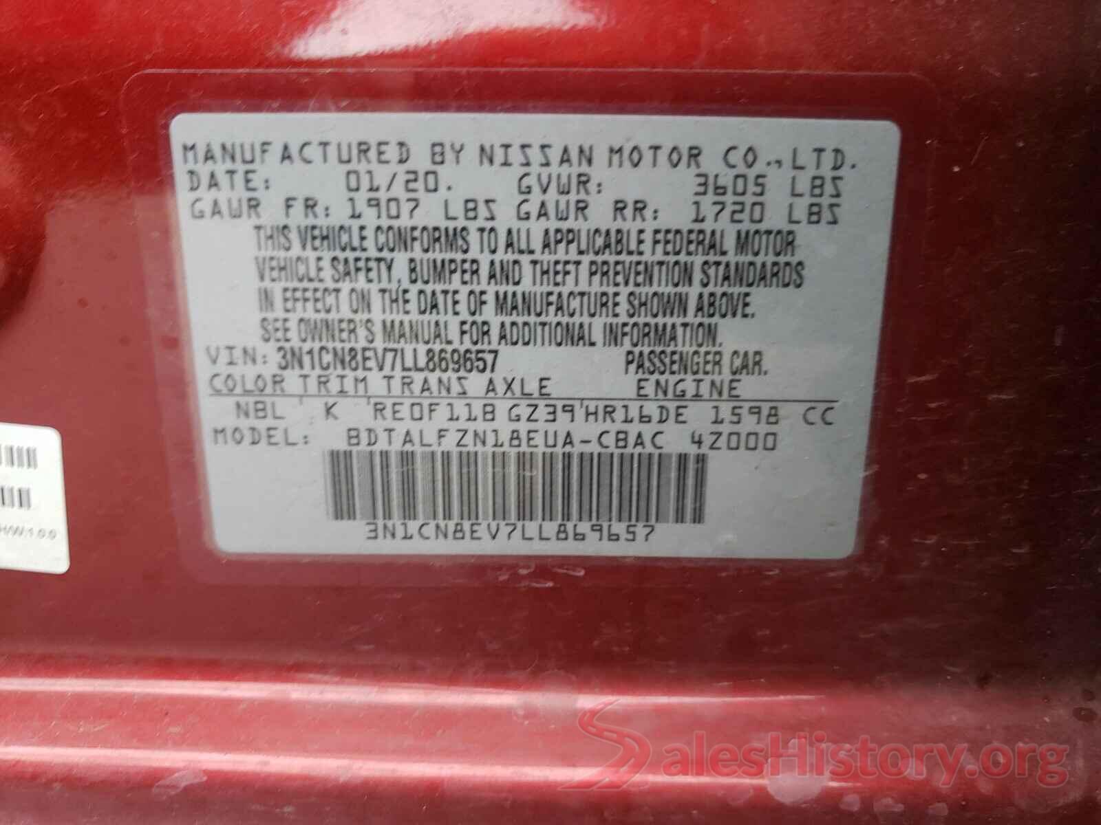 3N1CN8EV7LL869657 2020 NISSAN VERSA