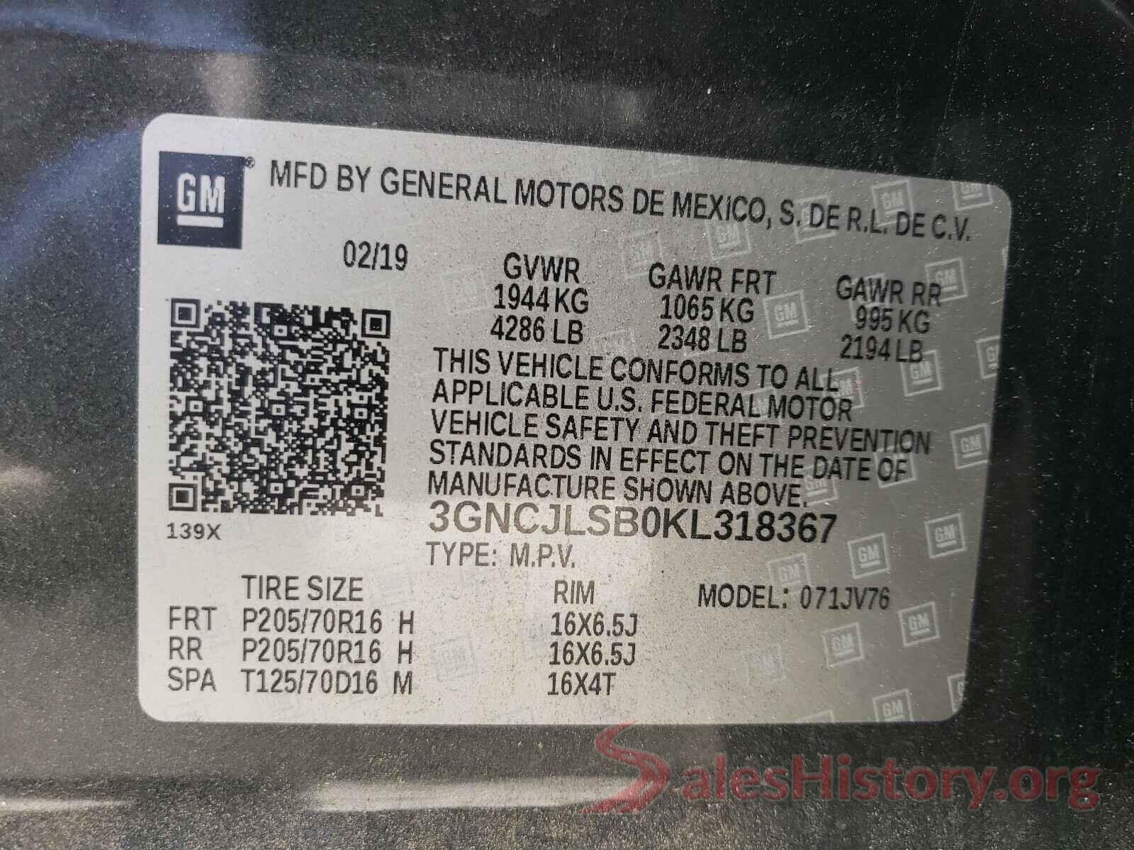 3GNCJLSB0KL318367 2019 CHEVROLET TRAX