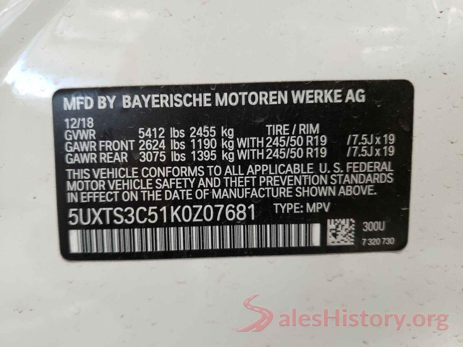 5UXTS3C51K0Z07681 2019 BMW X3