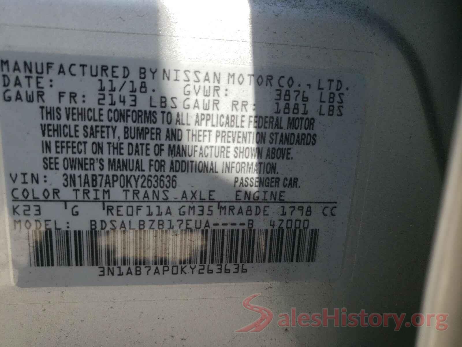 3N1AB7AP0KY263636 2019 NISSAN SENTRA