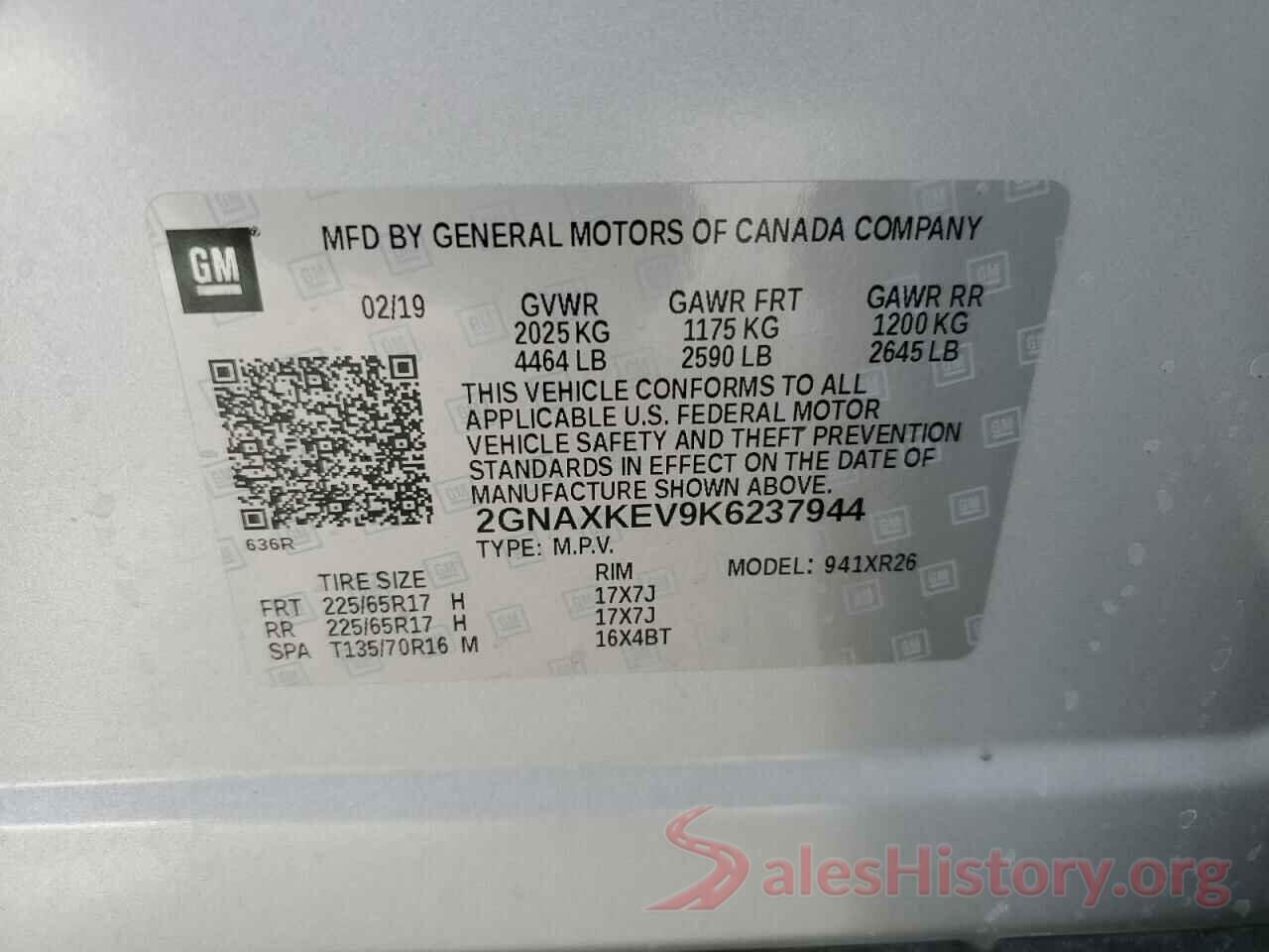 2GNAXKEV9K6237944 2019 CHEVROLET EQUINOX