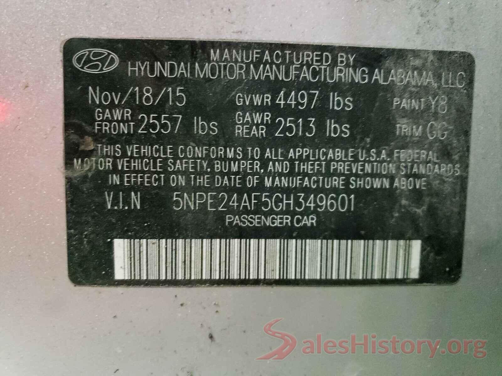 5NPE24AF5GH349601 2016 HYUNDAI SONATA