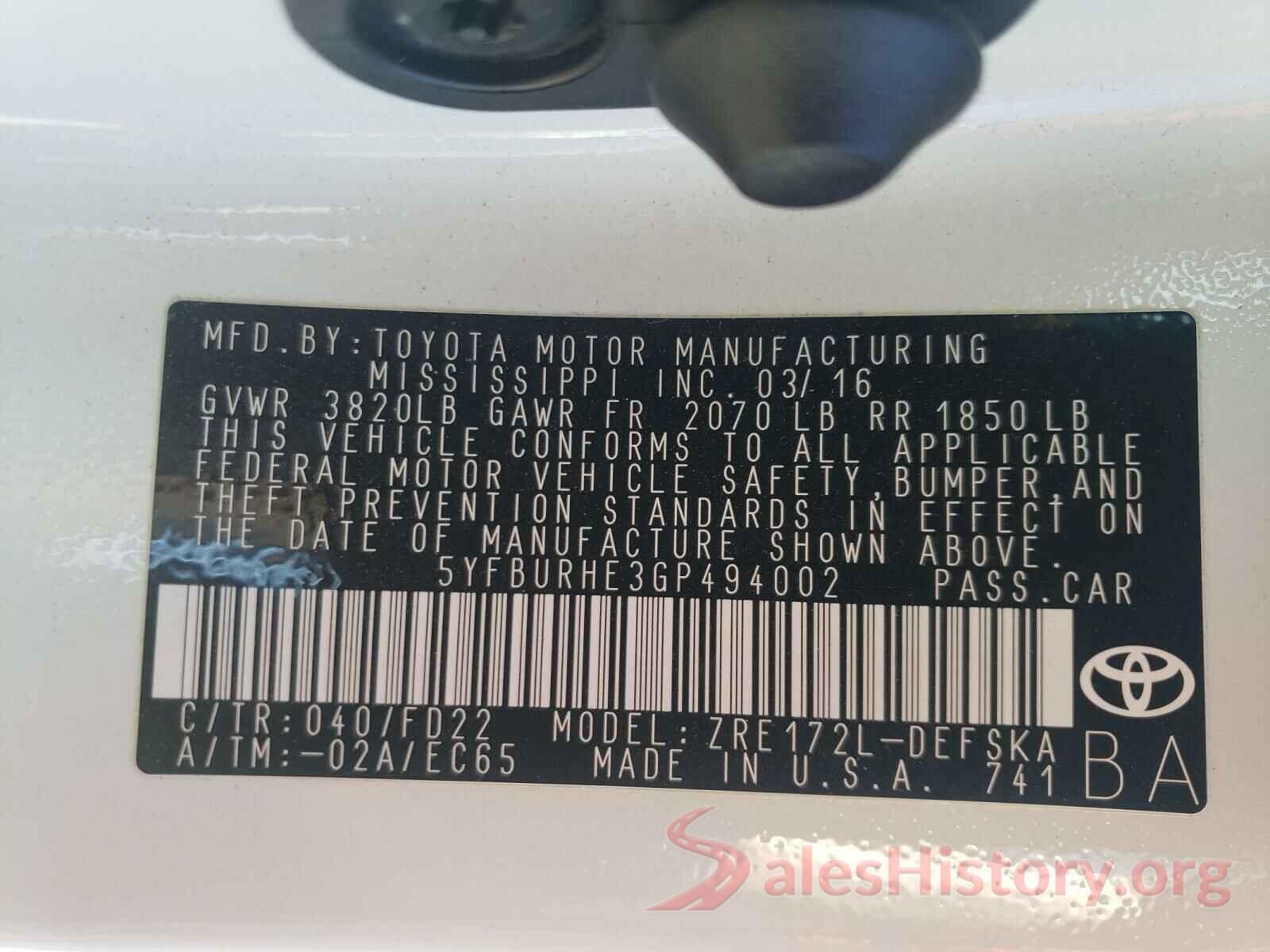 5YFBURHE3GP494002 2016 TOYOTA COROLLA