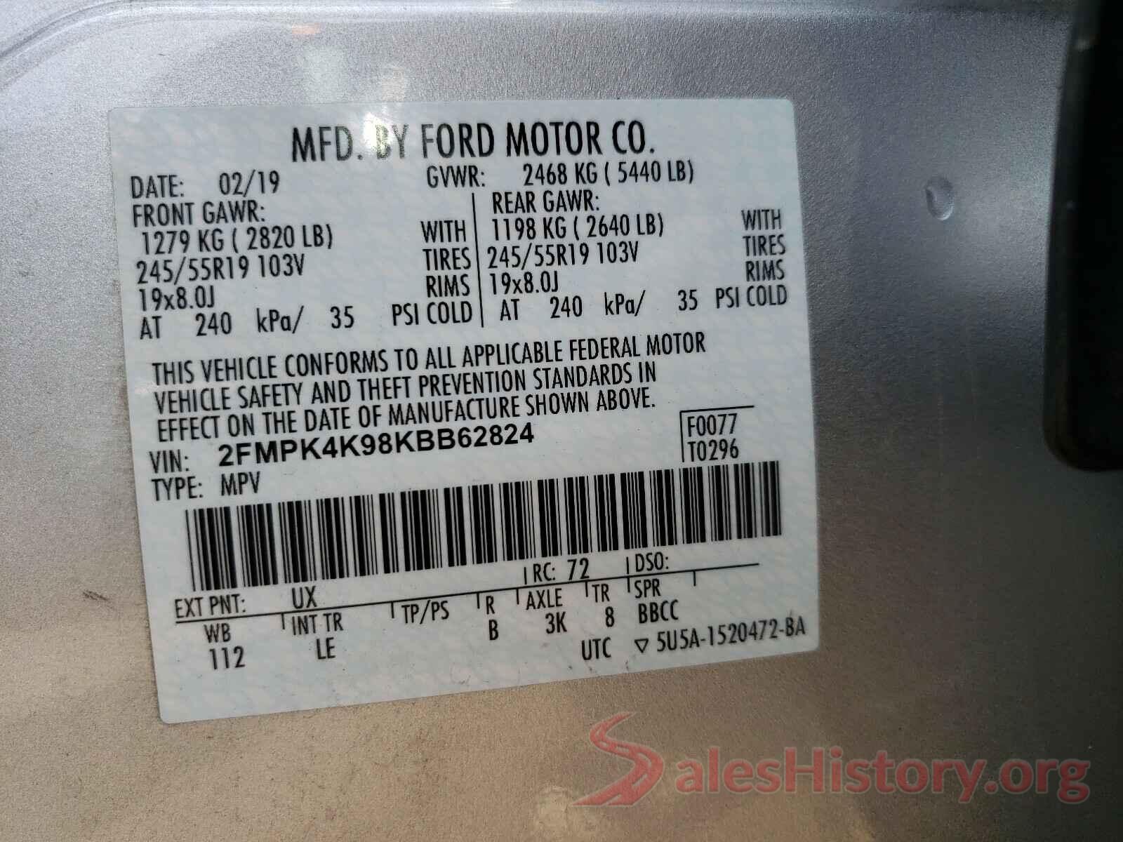 2FMPK4K98KBB62824 2019 FORD EDGE