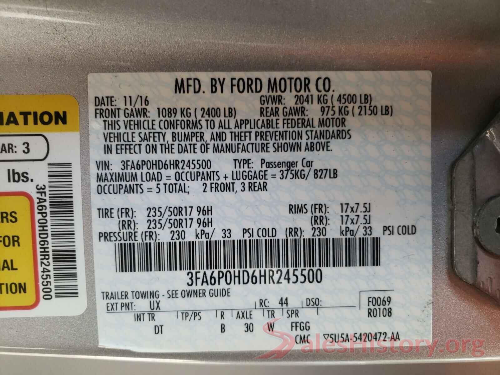 3FA6P0HD6HR245500 2017 FORD FUSION