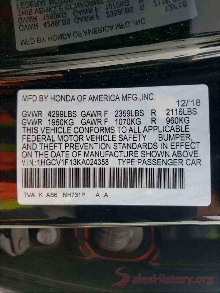 1HGCV1F13KA024358 2019 HONDA ACCORD