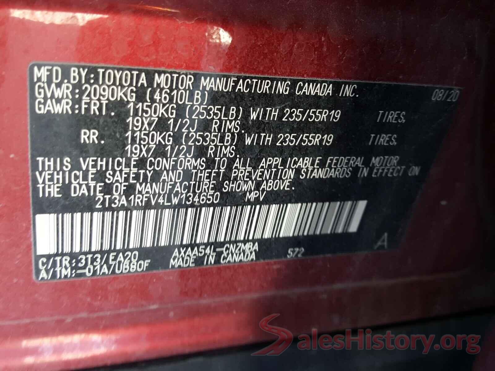 2T3A1RFV4LW134650 2020 TOYOTA RAV4